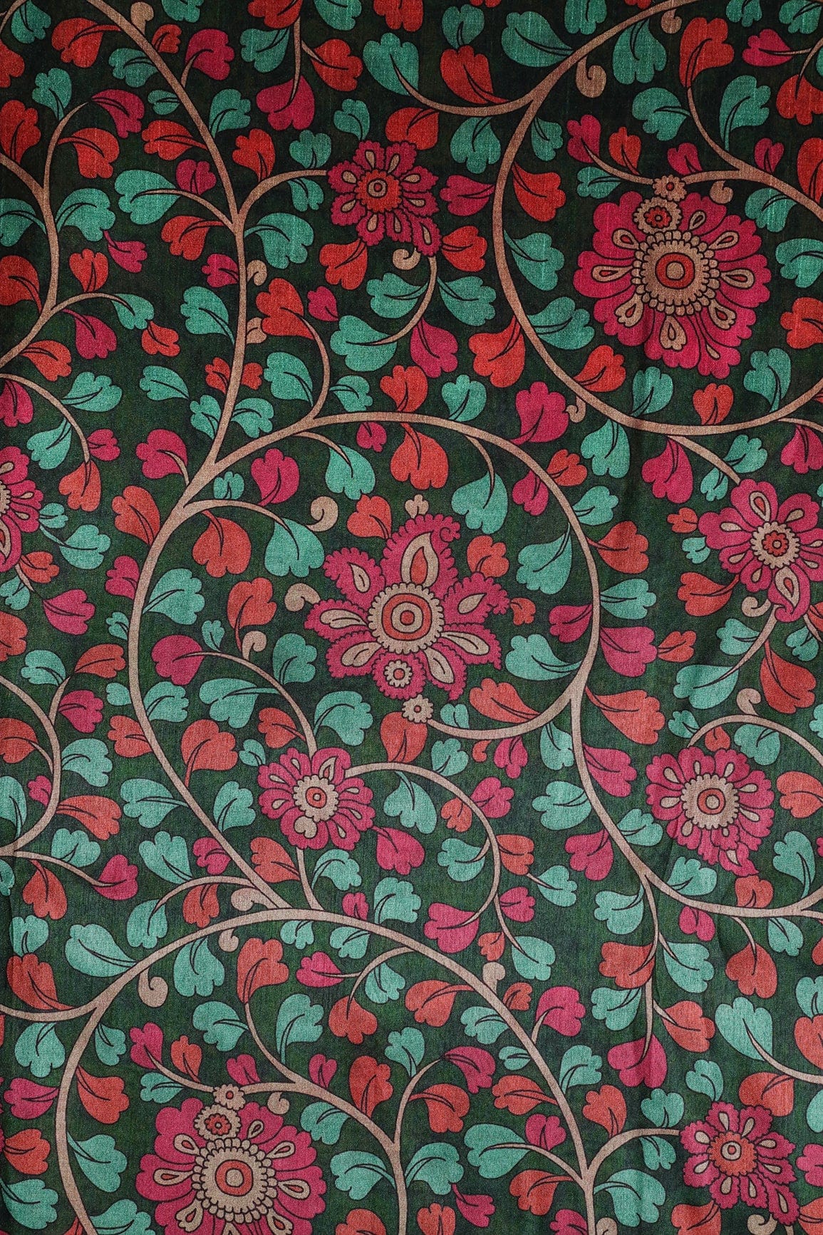 Bottle Green And Dark Pink Floral Pattern Digital Print On Mulberry Silk Fabric - doeraa