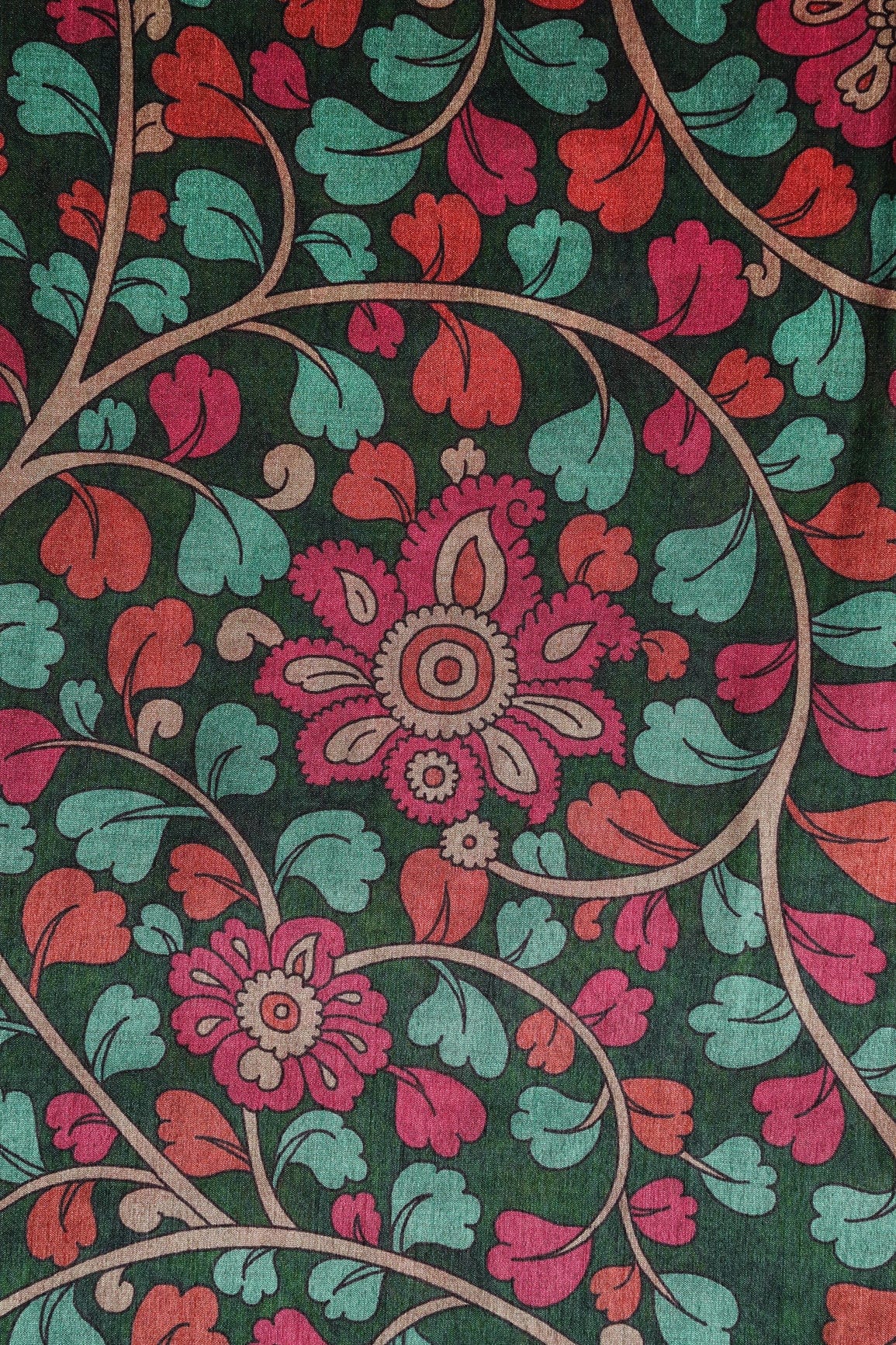 Bottle Green And Dark Pink Floral Pattern Digital Print On Mulberry Silk Fabric - doeraa