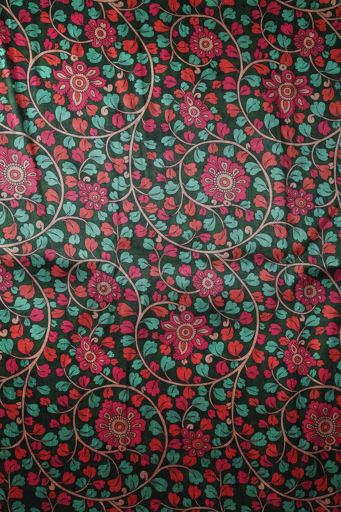 Bottle Green And Dark Pink Floral Pattern Digital Print On Mulberry Silk Fabric - doeraa