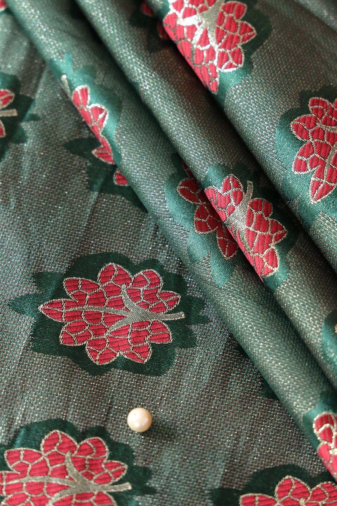 Bottle Green And Red Leafy Jute Banarasi Zari Jacquard Fabric - doeraa