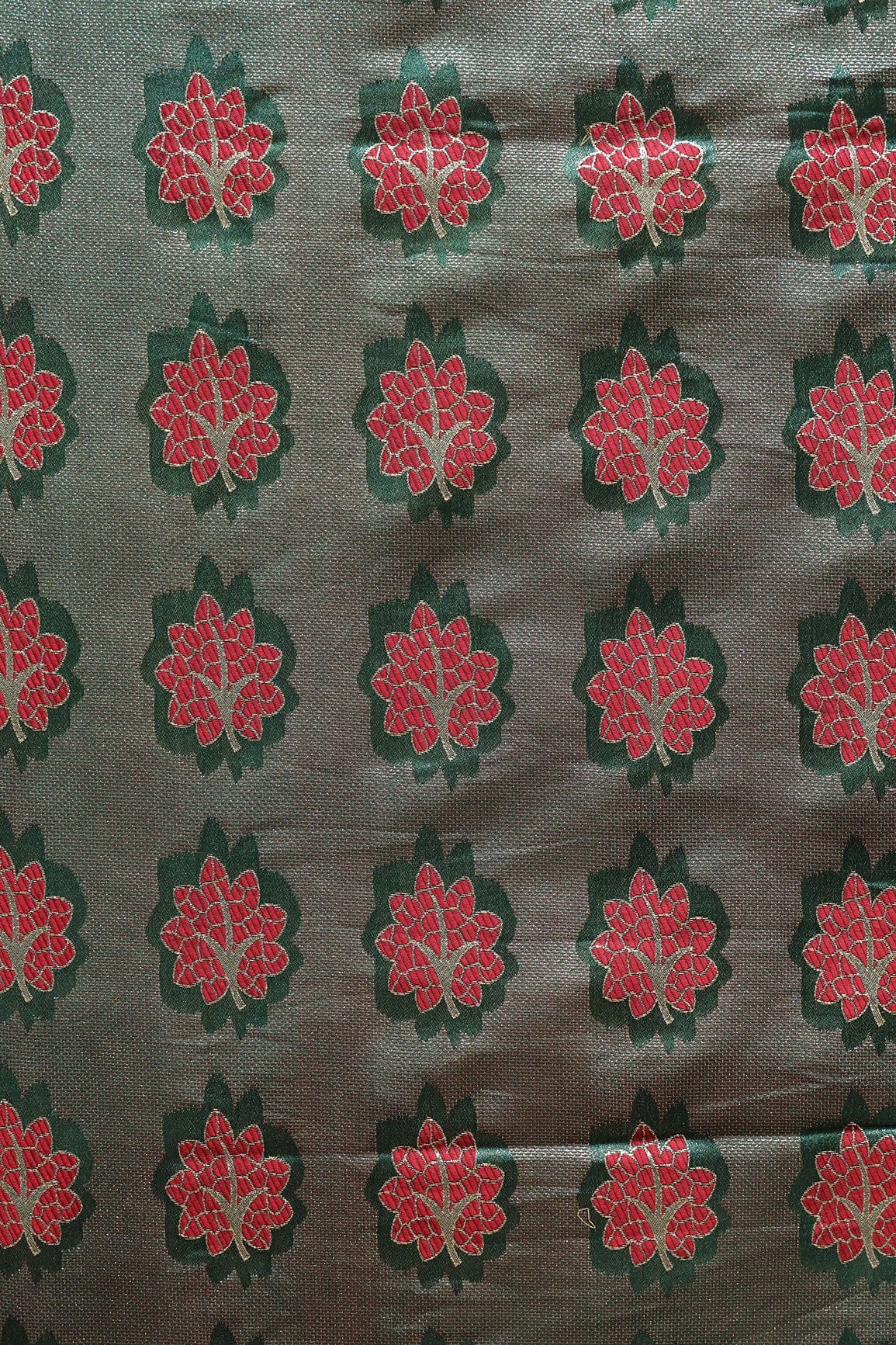 Bottle Green And Red Leafy Jute Banarasi Zari Jacquard Fabric - doeraa