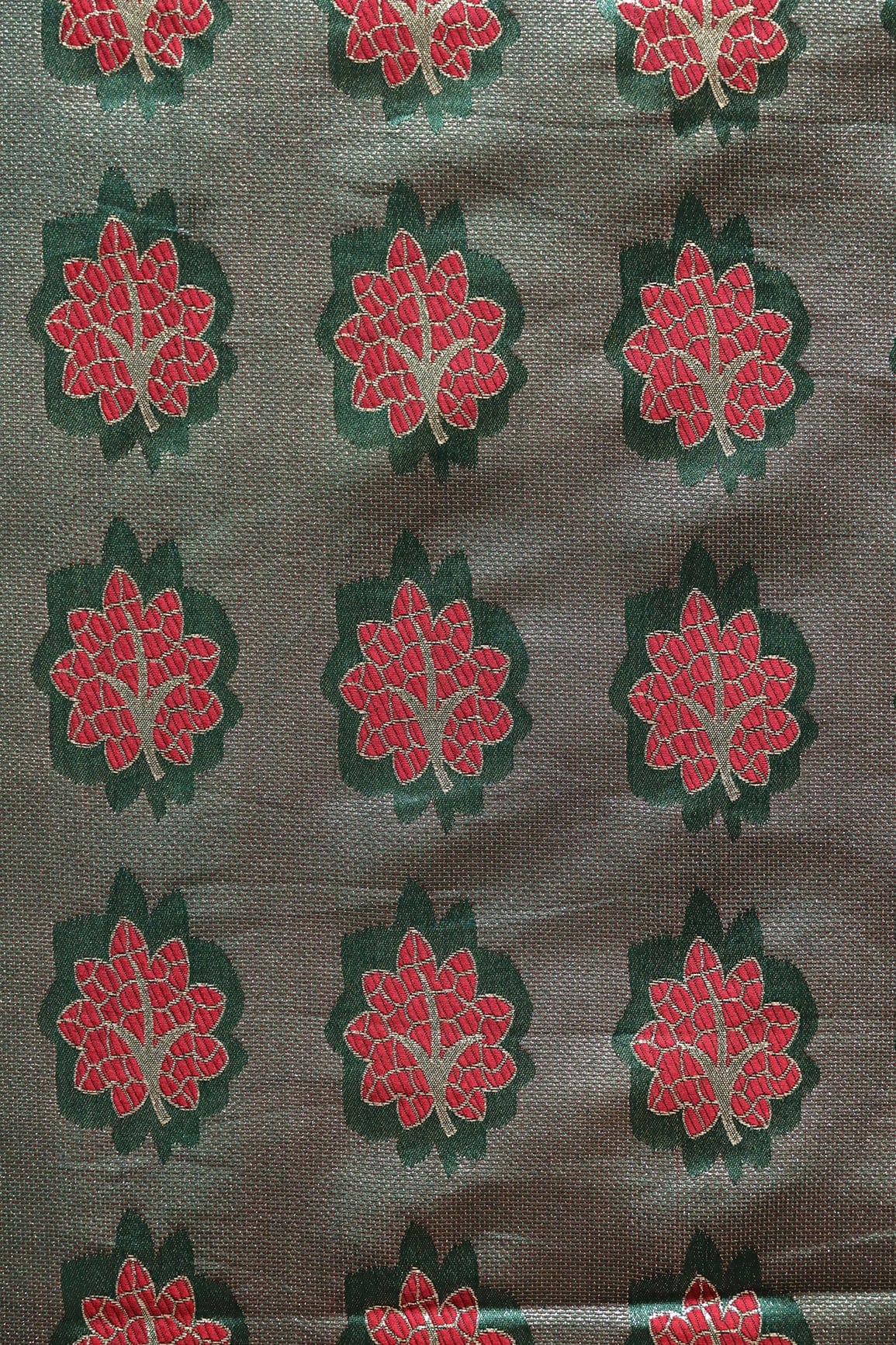 Bottle Green And Red Leafy Jute Banarasi Zari Jacquard Fabric - doeraa