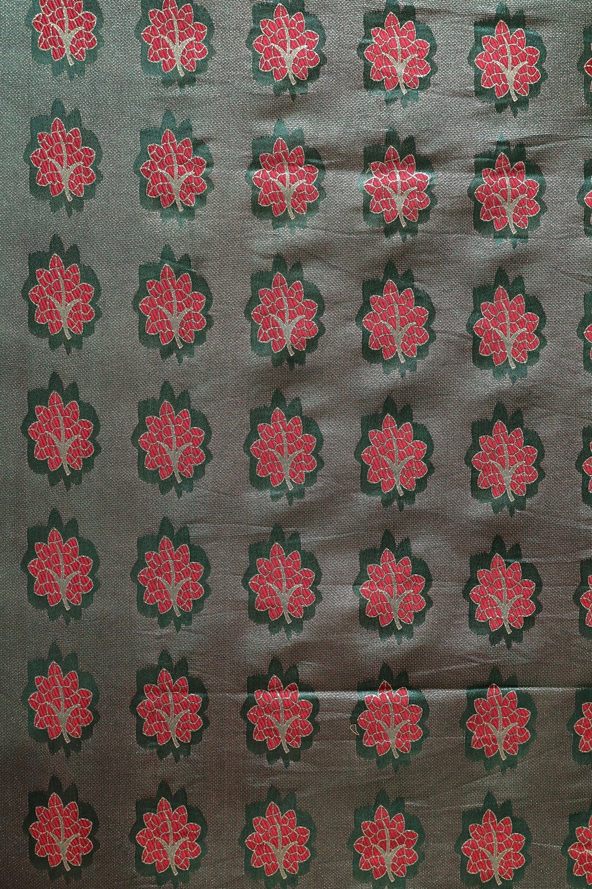 Bottle Green And Red Leafy Jute Banarasi Zari Jacquard Fabric - doeraa