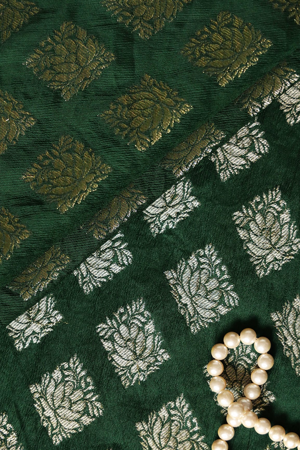 Bottle Green Ethnic Butta Pure Rich Silk Zari Banarasi Jacquard Fabric - doeraa