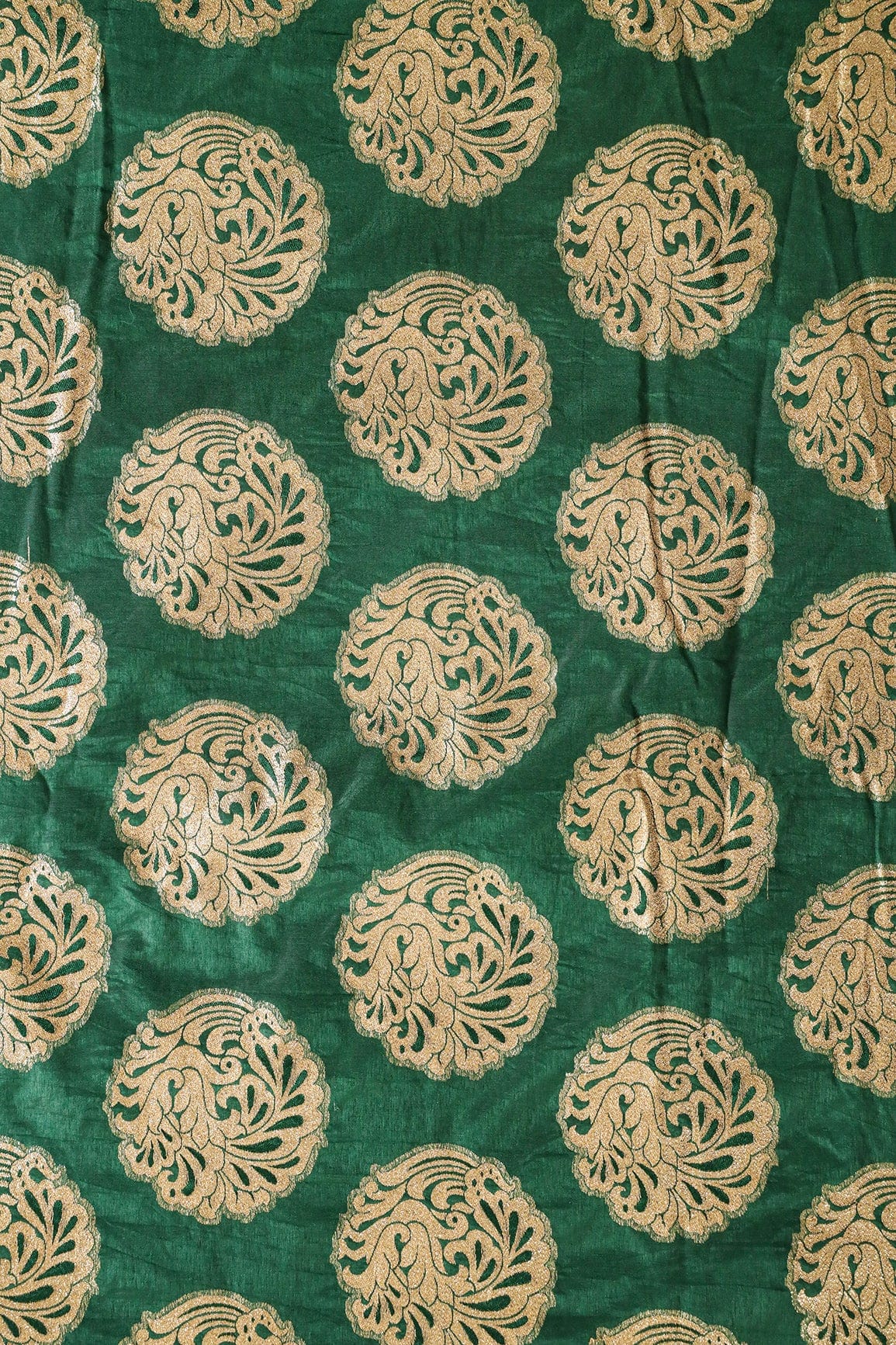 Bottle Green Ethnic Butta Silk Gold Zari Banarasi Jacquard Fabric - doeraa