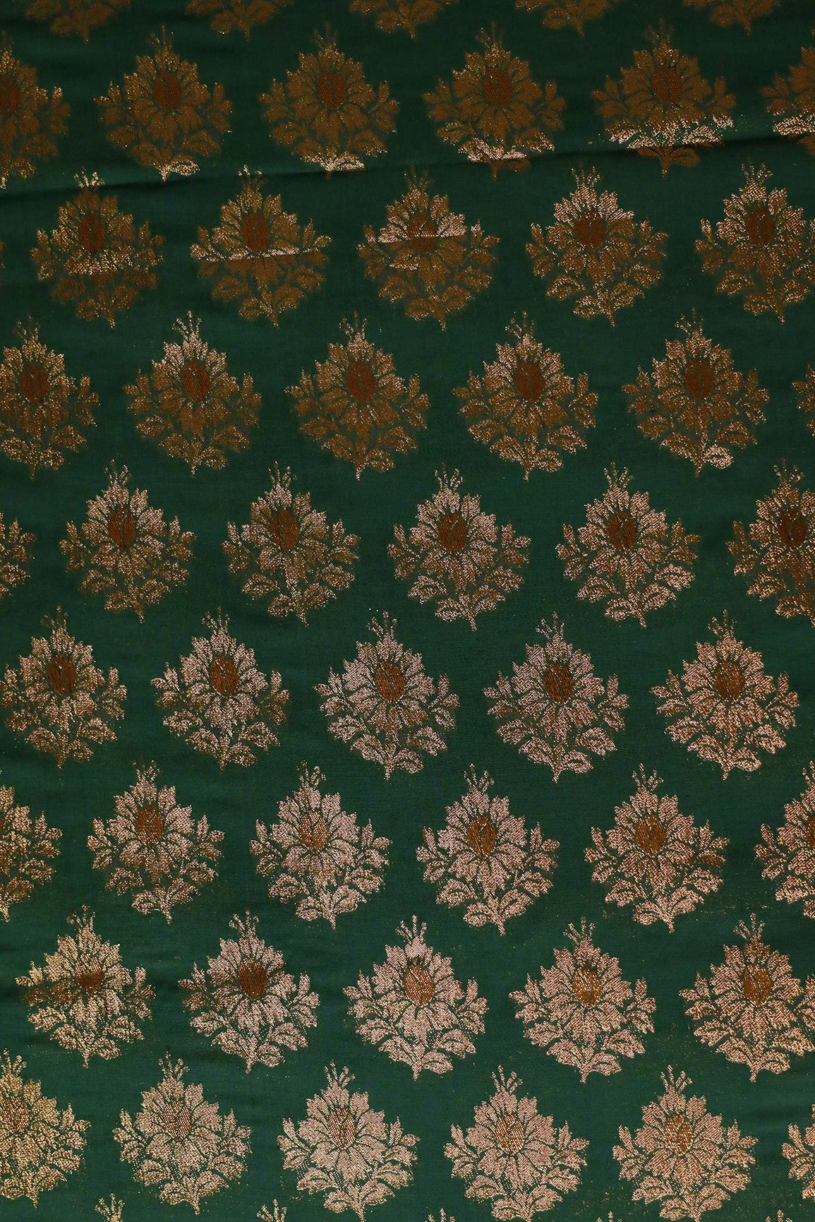 Bottle Green Floral Pure Crepe Taspa Banarasi Silk Jacquard Fabric - doeraa
