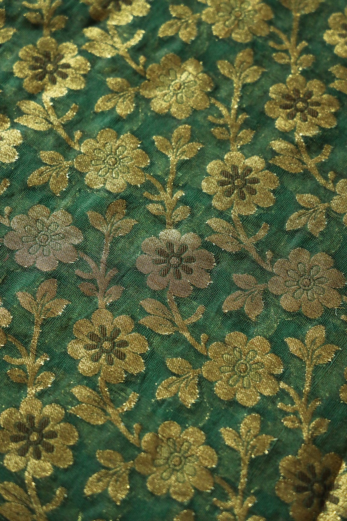 Bottle Green Floral Pure Net Gold Zari Banarasi Jacquard Fabric - doeraa