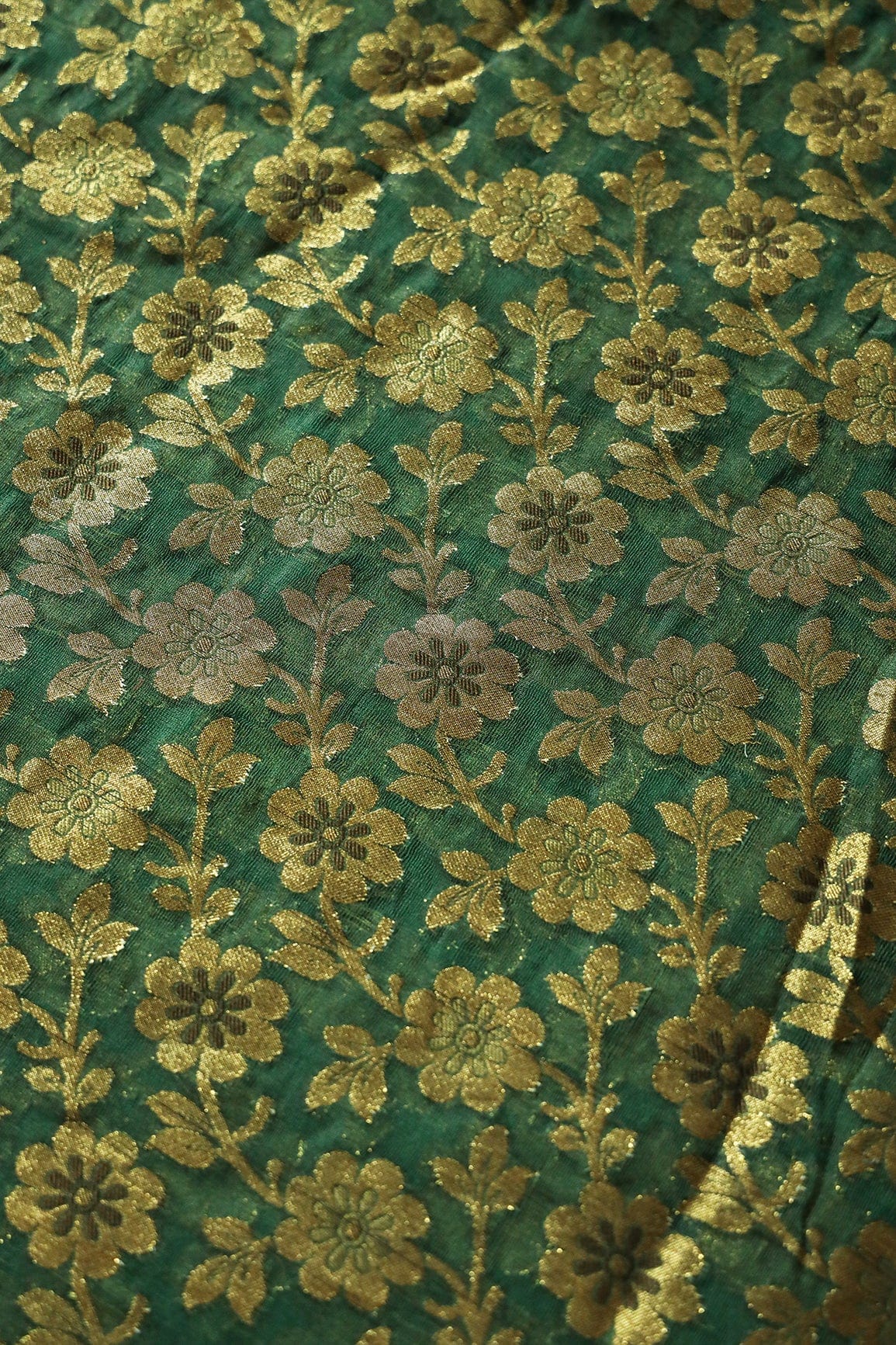 Bottle Green Floral Pure Net Gold Zari Banarasi Jacquard Fabric - doeraa