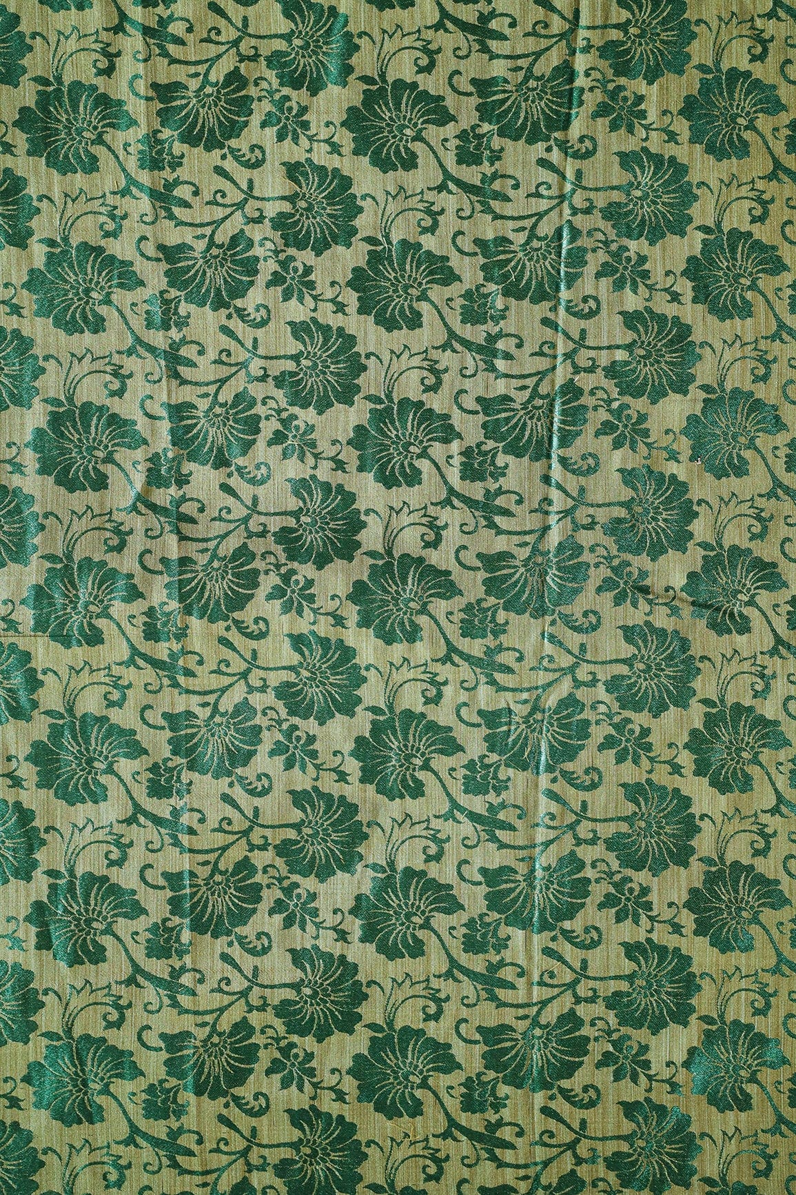 Bottle Green Floral Silk Satin Jute Banarasi Jacquard Fabric - doeraa