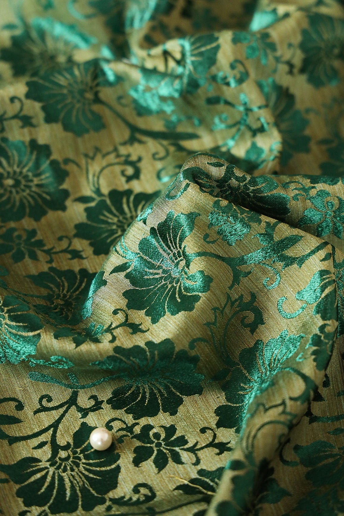 Bottle Green Floral Silk Satin Jute Banarasi Jacquard Fabric - doeraa
