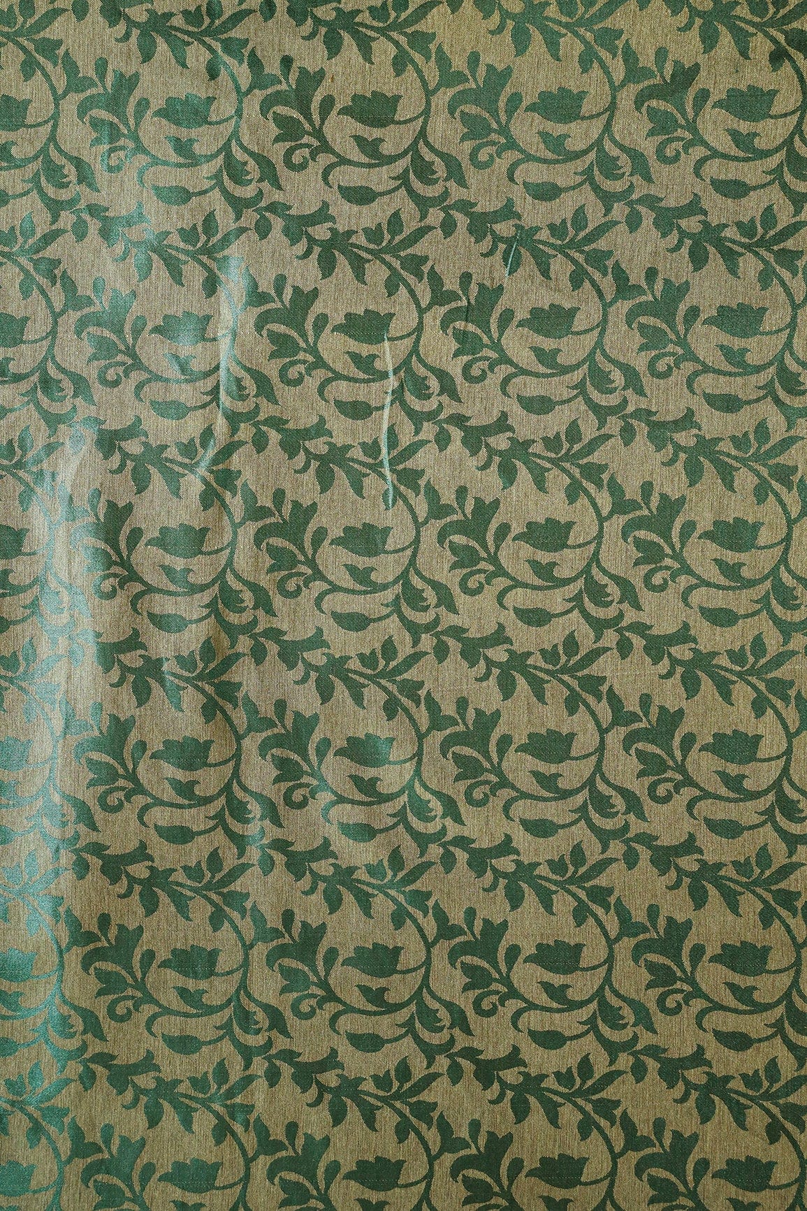 Bottle Green Leafy Silk Satin Jute Banarasi Jacquard Fabric - doeraa