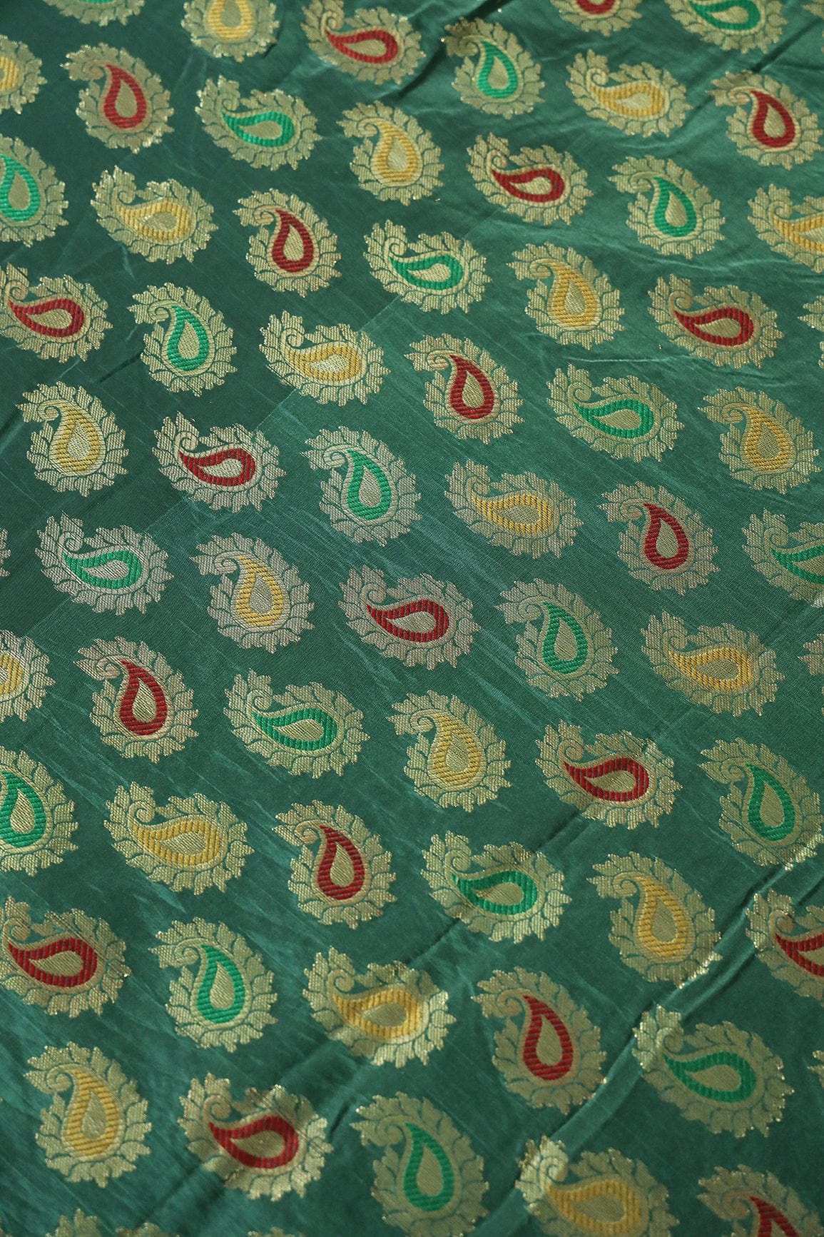 Bottle Green Paisley Silk Gold Zari Banarasi Jacquard Fabric - doeraa