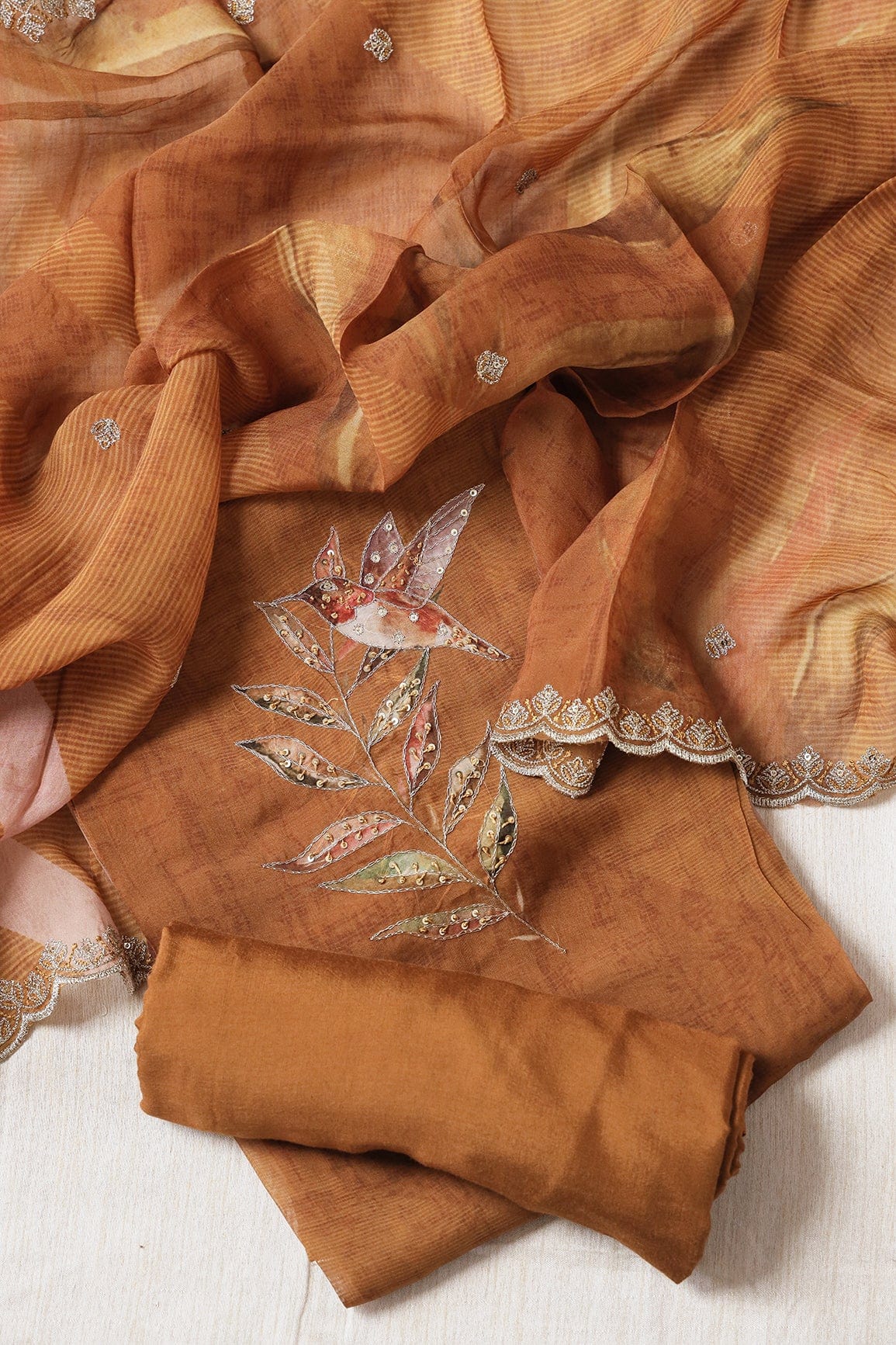 Bronze Orange Semi Stitched Pure Organza Suit Set (3 piece) - doeraa