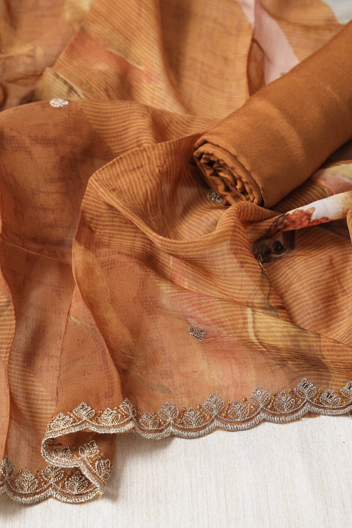 Bronze Orange Semi Stitched Pure Organza Suit Set (3 piece) - doeraa
