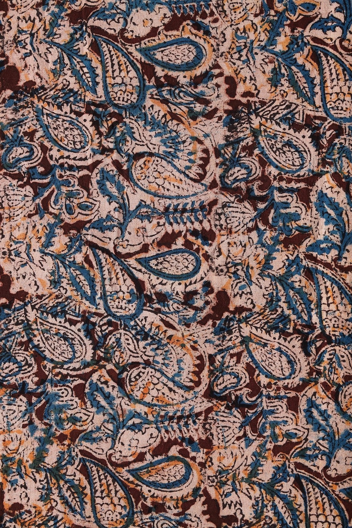 Brown And Beige Floral Pattern Handblock Kalamkari Organic Cotton Fabric - doeraa