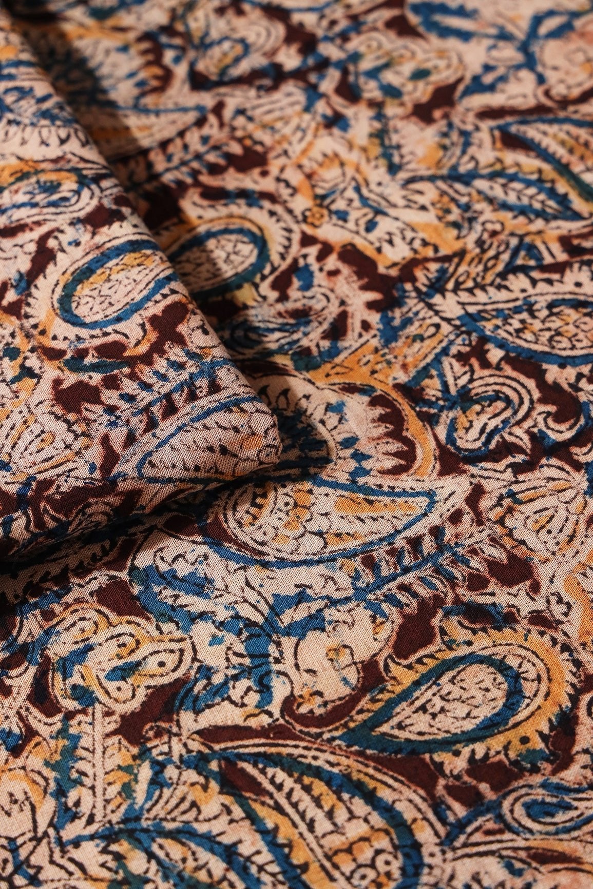 Brown And Beige Floral Pattern Handblock Kalamkari Organic Cotton Fabric - doeraa