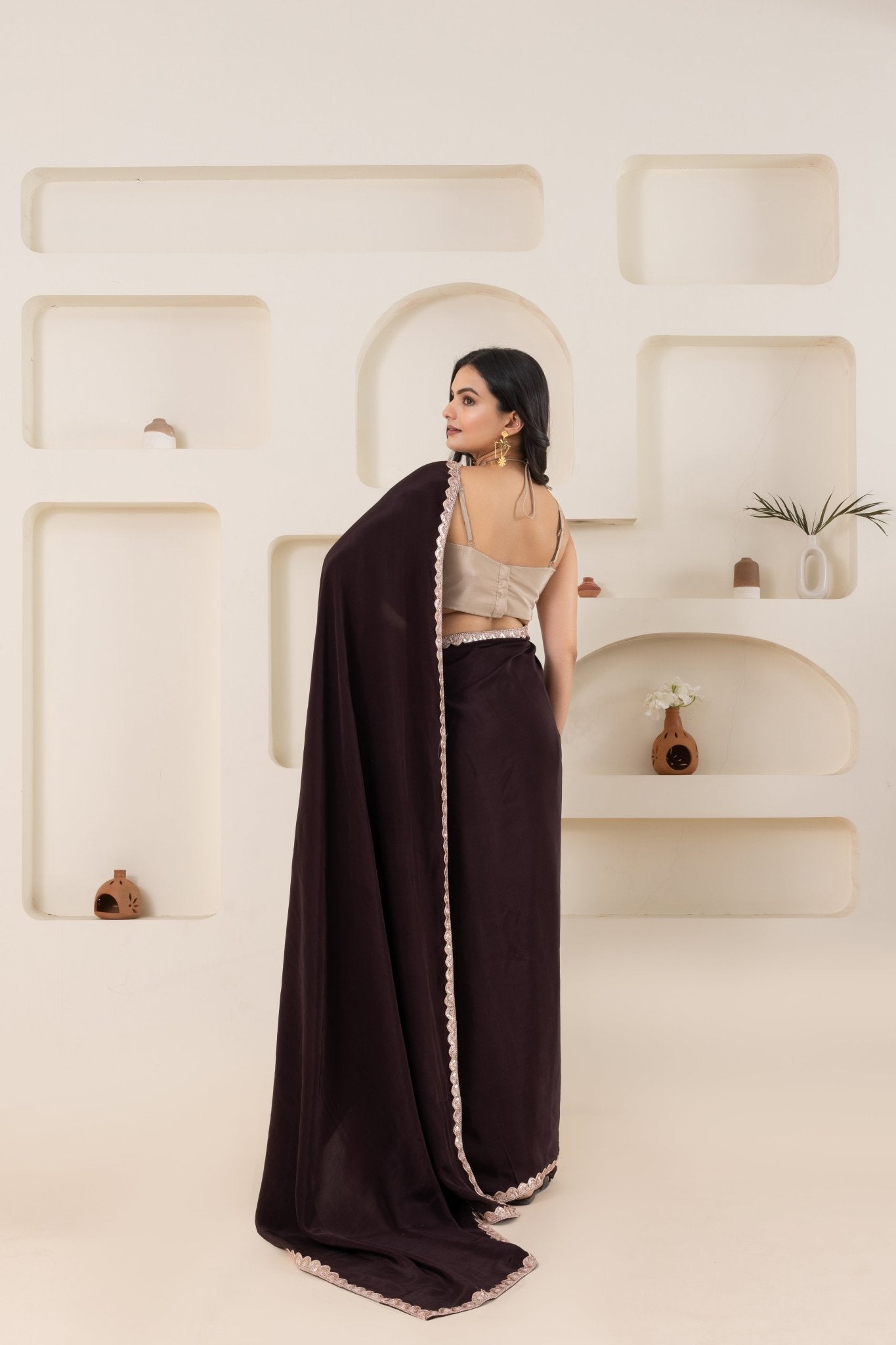 Brown And Beige Pure Viscose Crepe Saree Set With Border (Saree With Blouse Piece) - doeraa