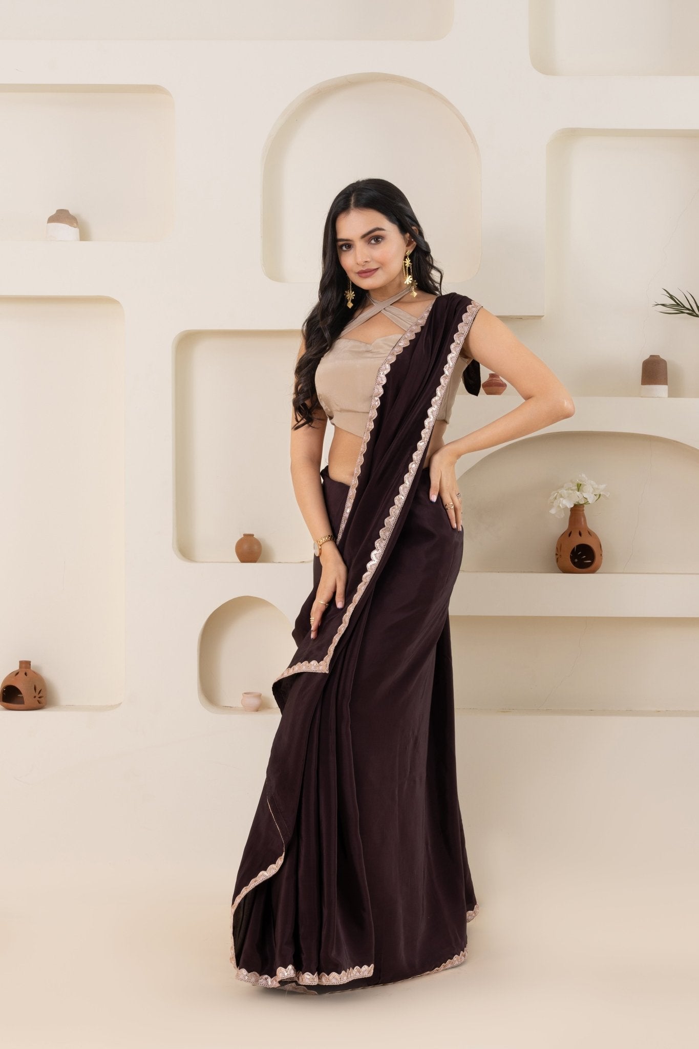 Brown And Beige Pure Viscose Crepe Saree Set With Border (Saree With Blouse Piece) - doeraa