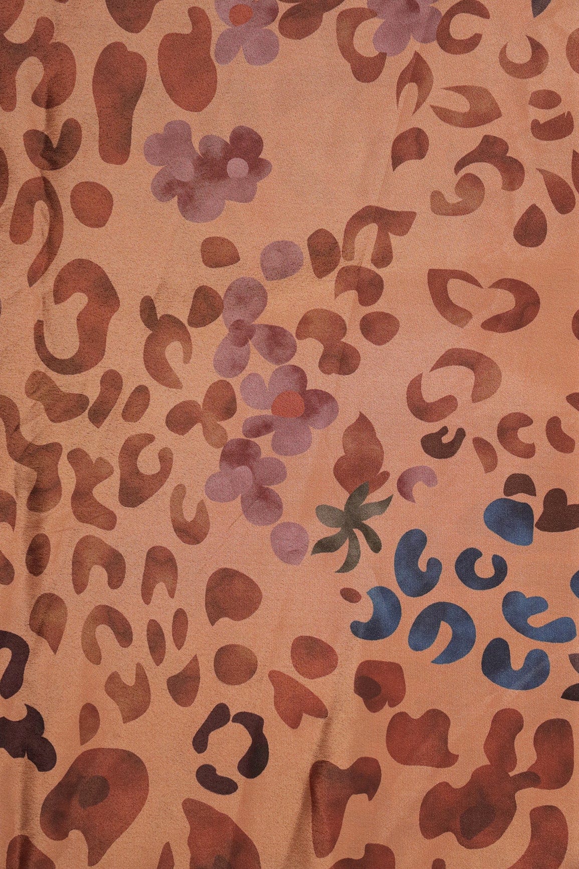 Brown And Blue Abstract Print On Pastel Orange Crepe Fabric - doeraa