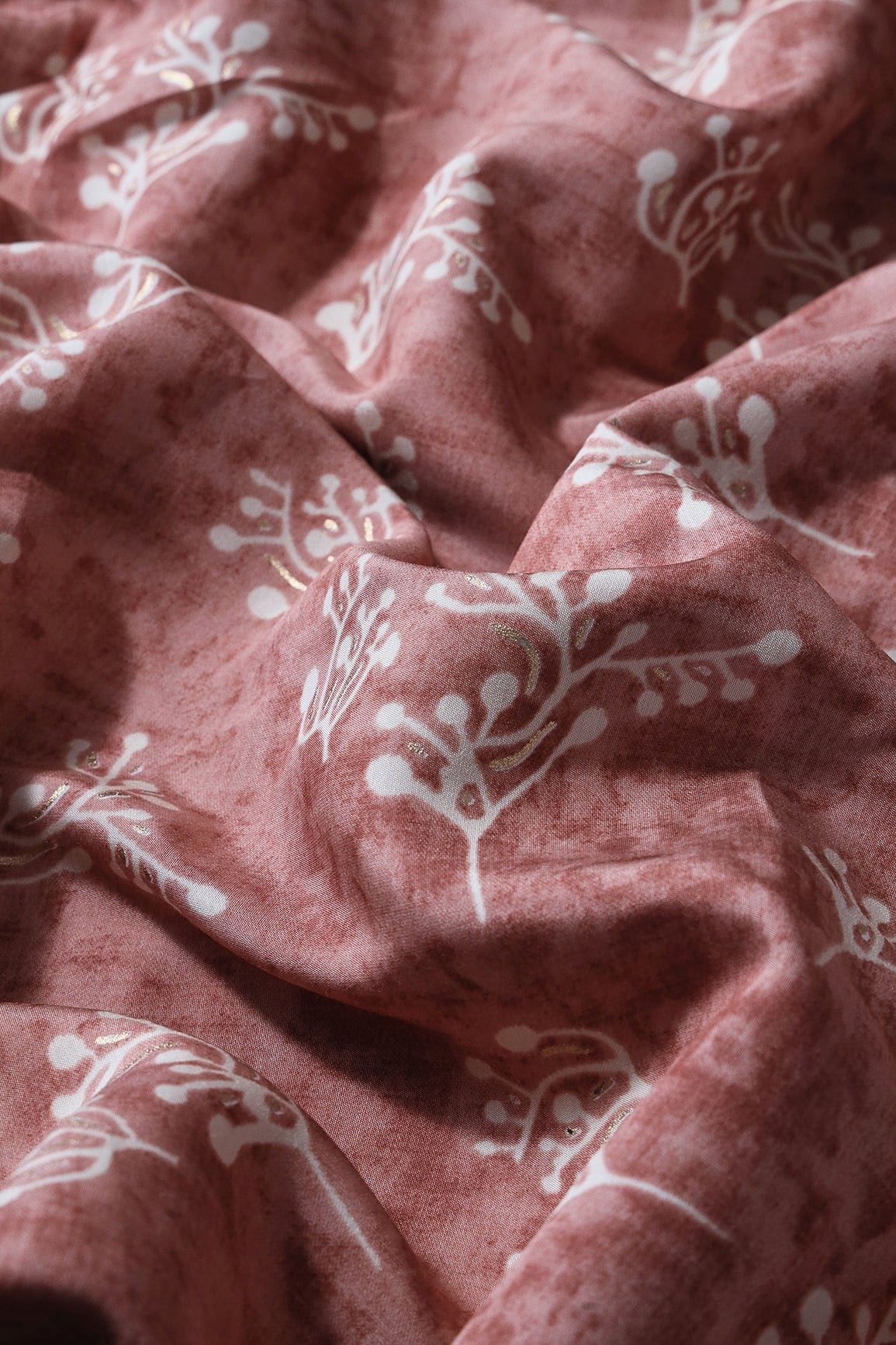 Brown And Cream Floral Foil Print On Viscose Chanderi Silk Fabric - doeraa