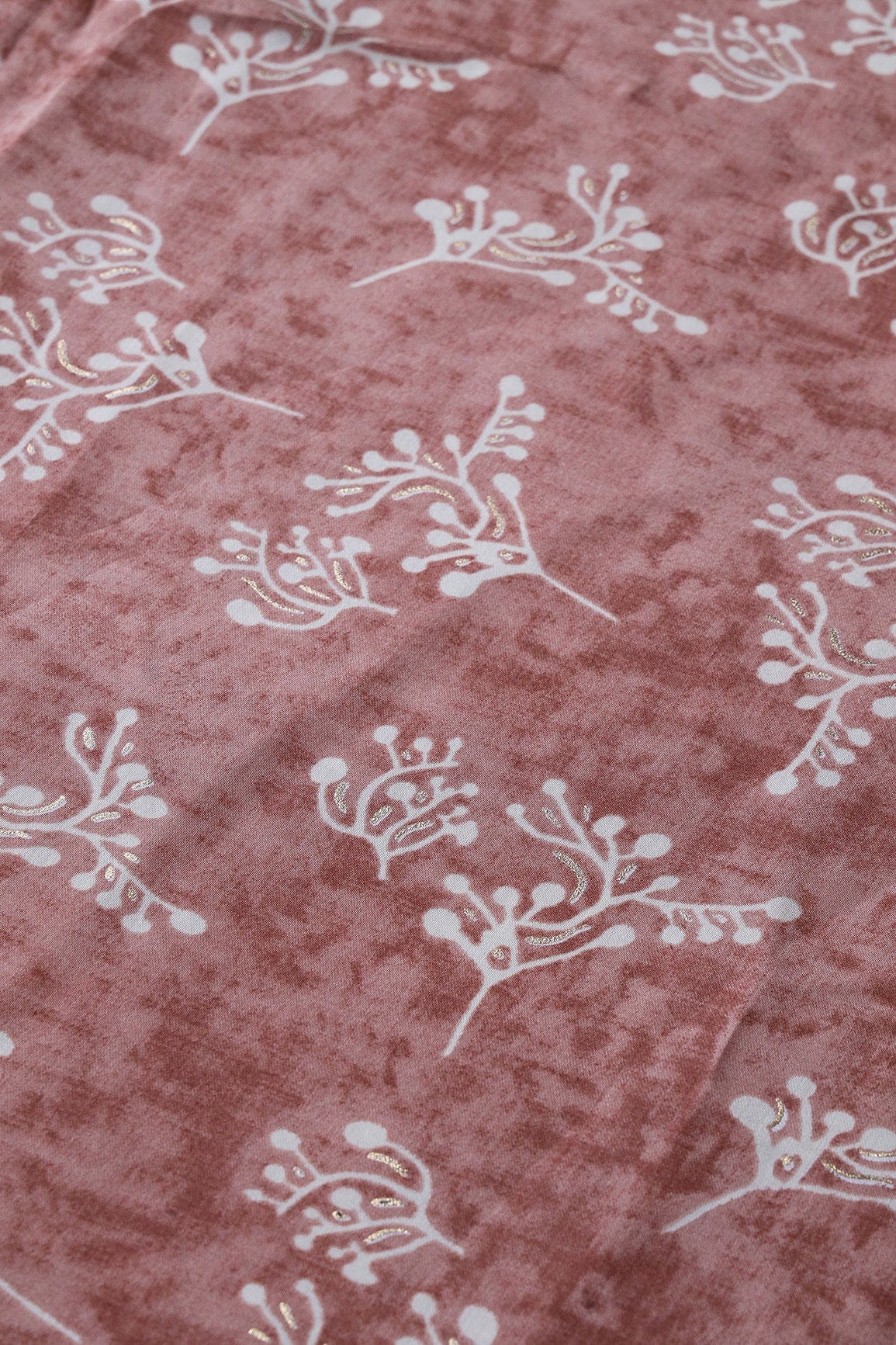 Brown And Cream Floral Foil Print On Viscose Chanderi Silk Fabric - doeraa