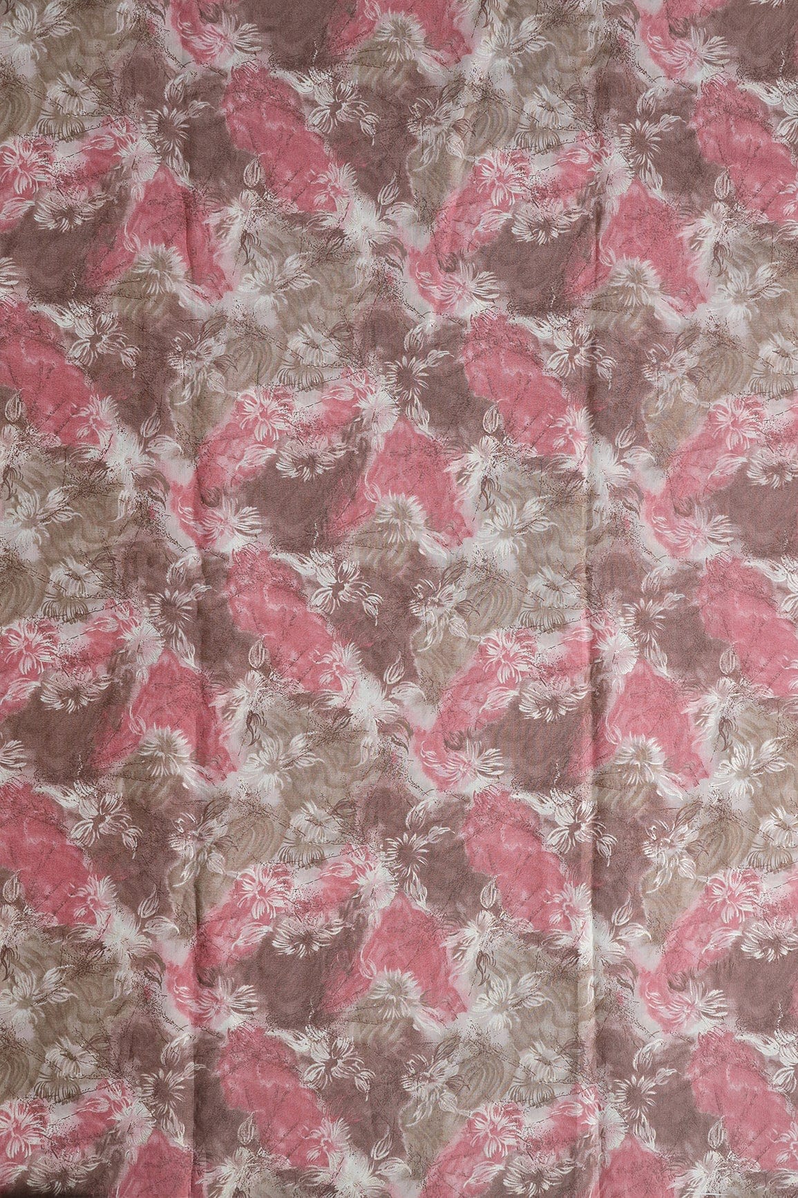 Brown And Cream Floral Foil Print On Viscose Chanderi Silk Fabric - doeraa