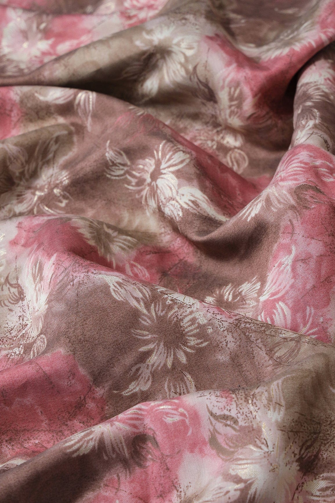 Brown And Cream Floral Foil Print On Viscose Chanderi Silk Fabric - doeraa