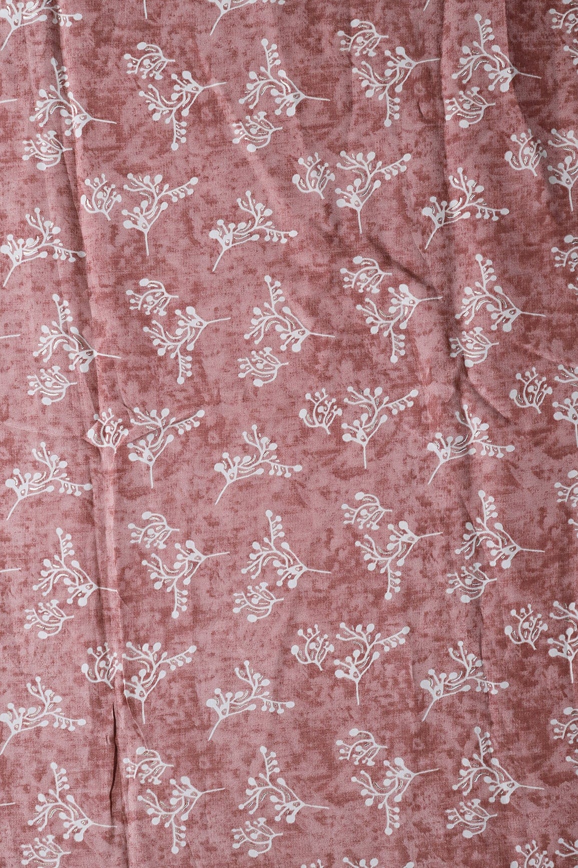 Brown And Cream Floral Foil Print On Viscose Chanderi Silk Fabric - doeraa