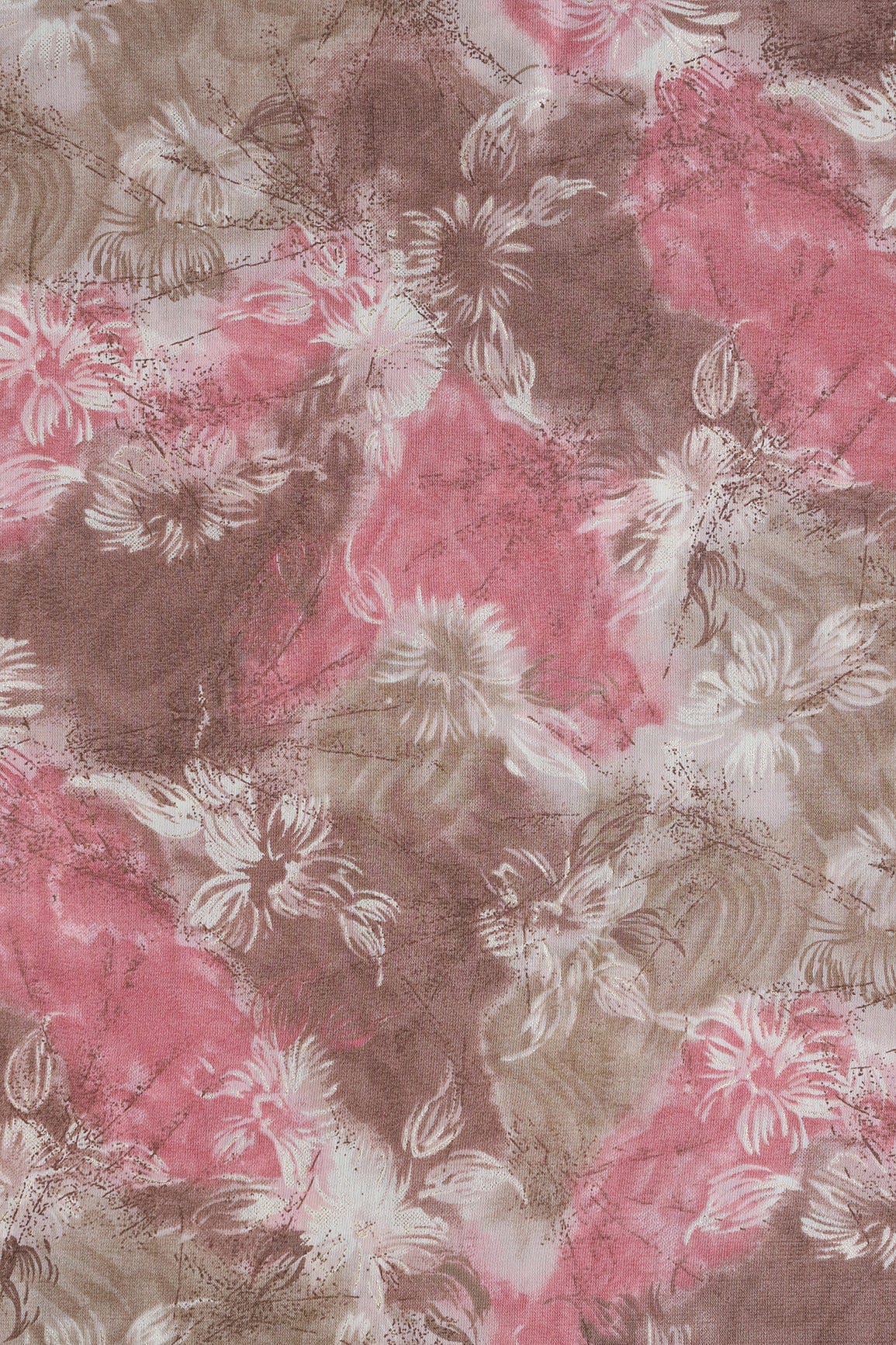 Brown And Cream Floral Foil Print On Viscose Chanderi Silk Fabric - doeraa