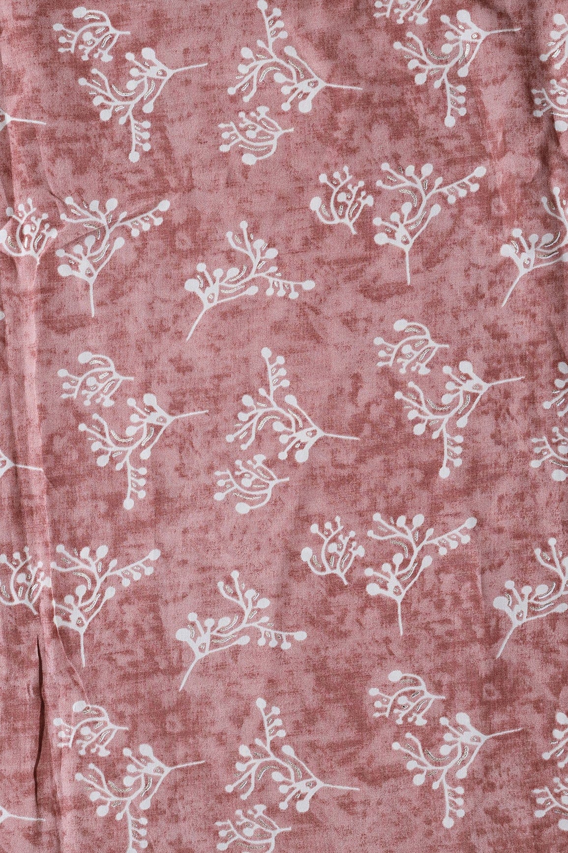 Brown And Cream Floral Foil Print On Viscose Chanderi Silk Fabric - doeraa