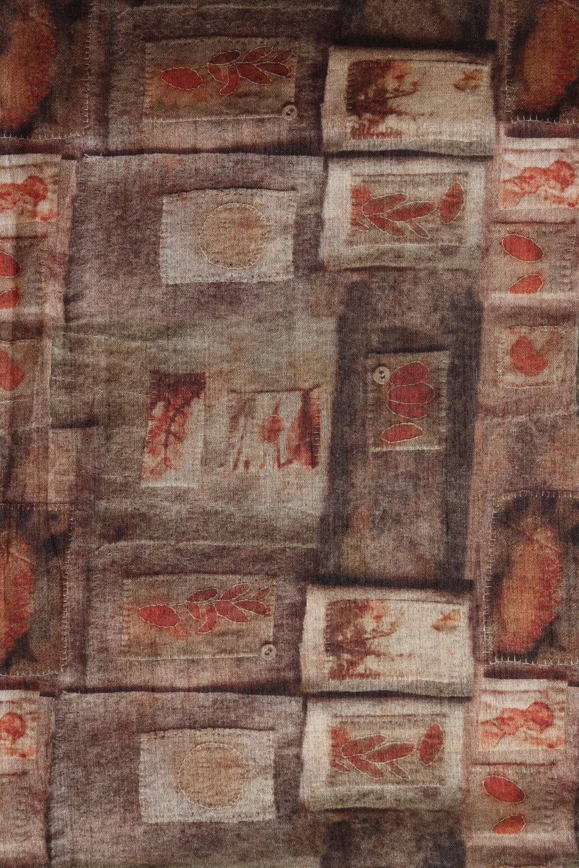 Brown And Cream Geometric Pattern Digital Print On Mulberry Silk Fabric - doeraa