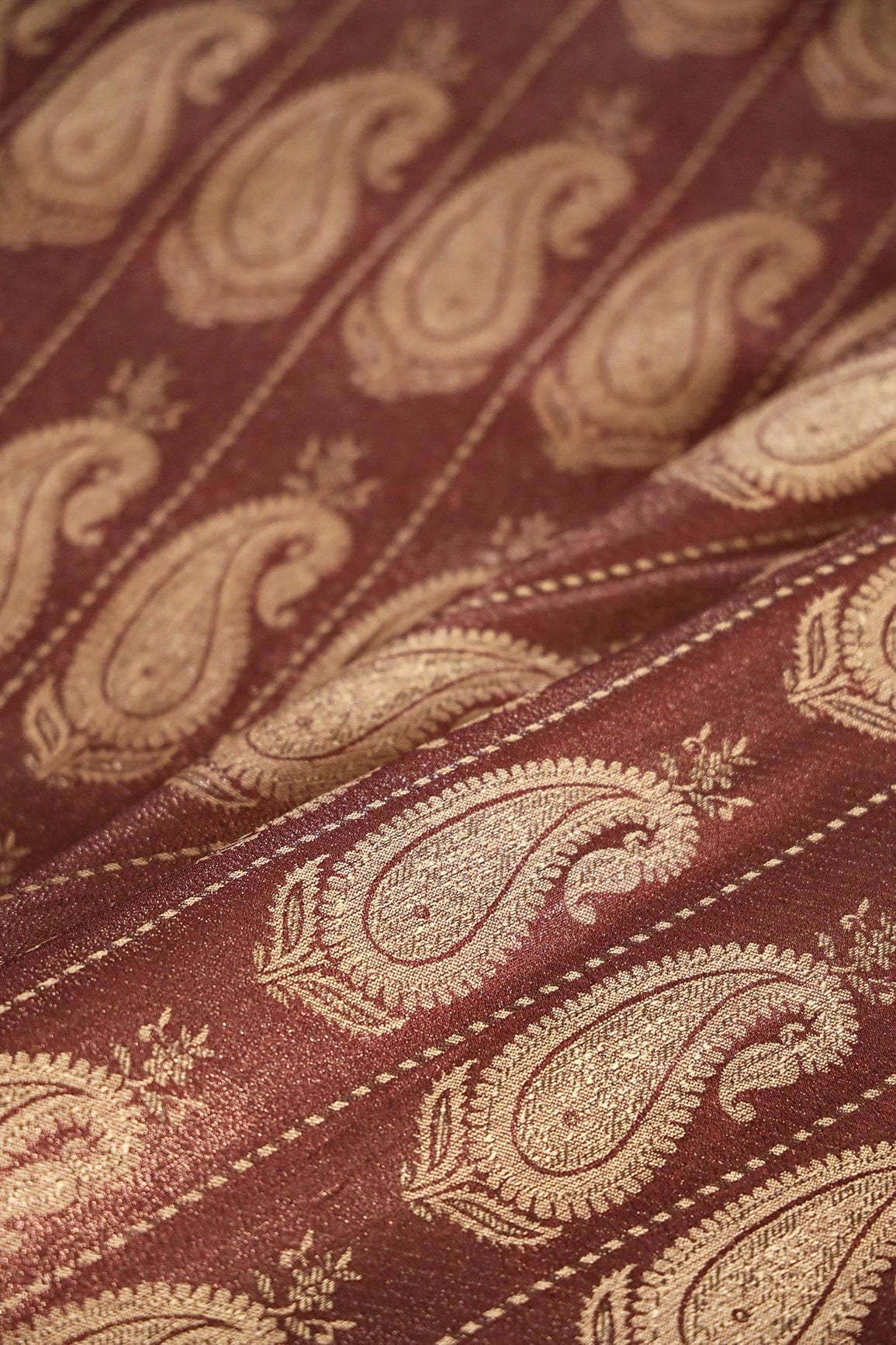 Brown And Cream Paisley Banarasi Zari Jacquard Fabric - doeraa