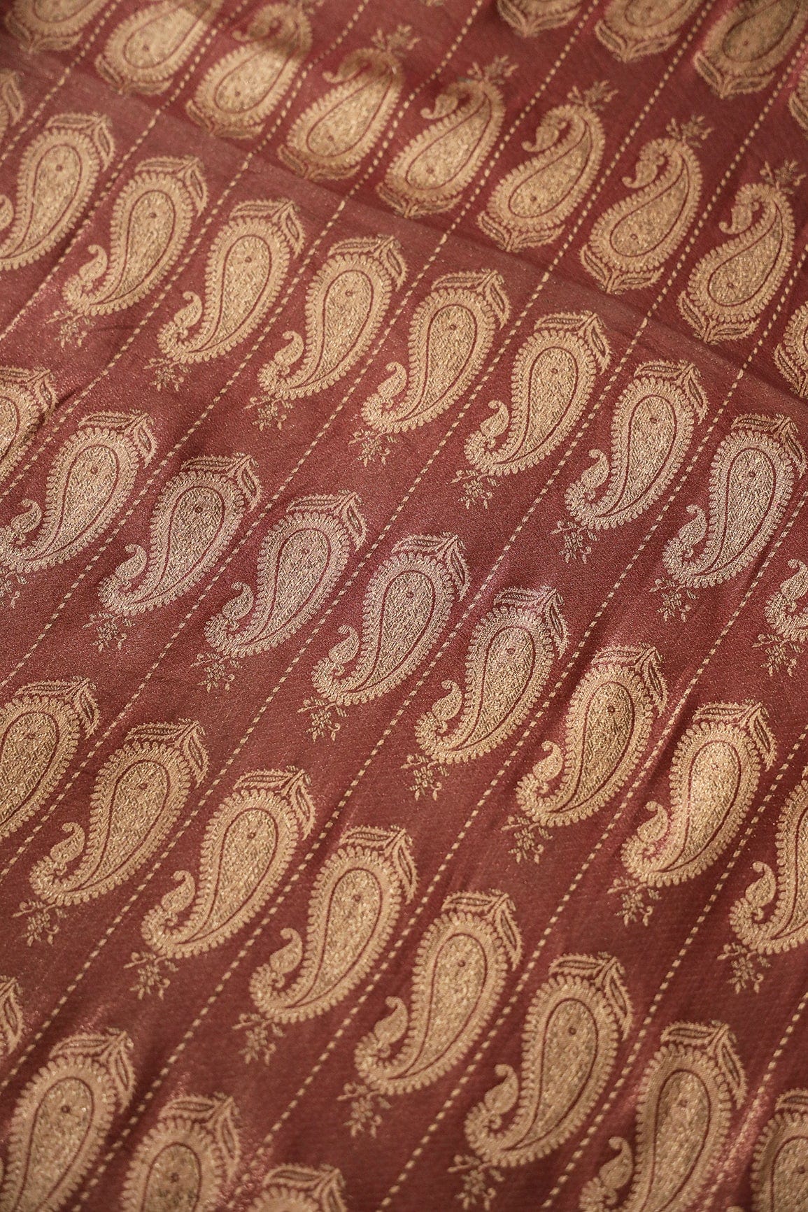 Brown And Cream Paisley Banarasi Zari Jacquard Fabric - doeraa