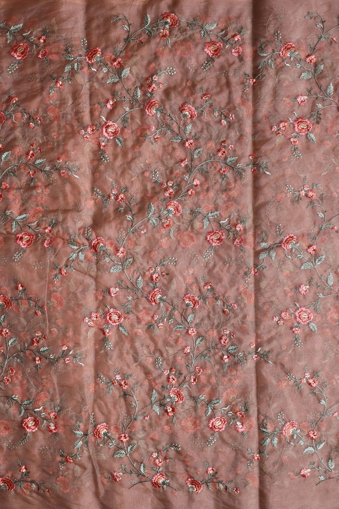 Brown And Light Green Thread Floral Embroidery Work On Almond Brown Organza Fabric - doeraa