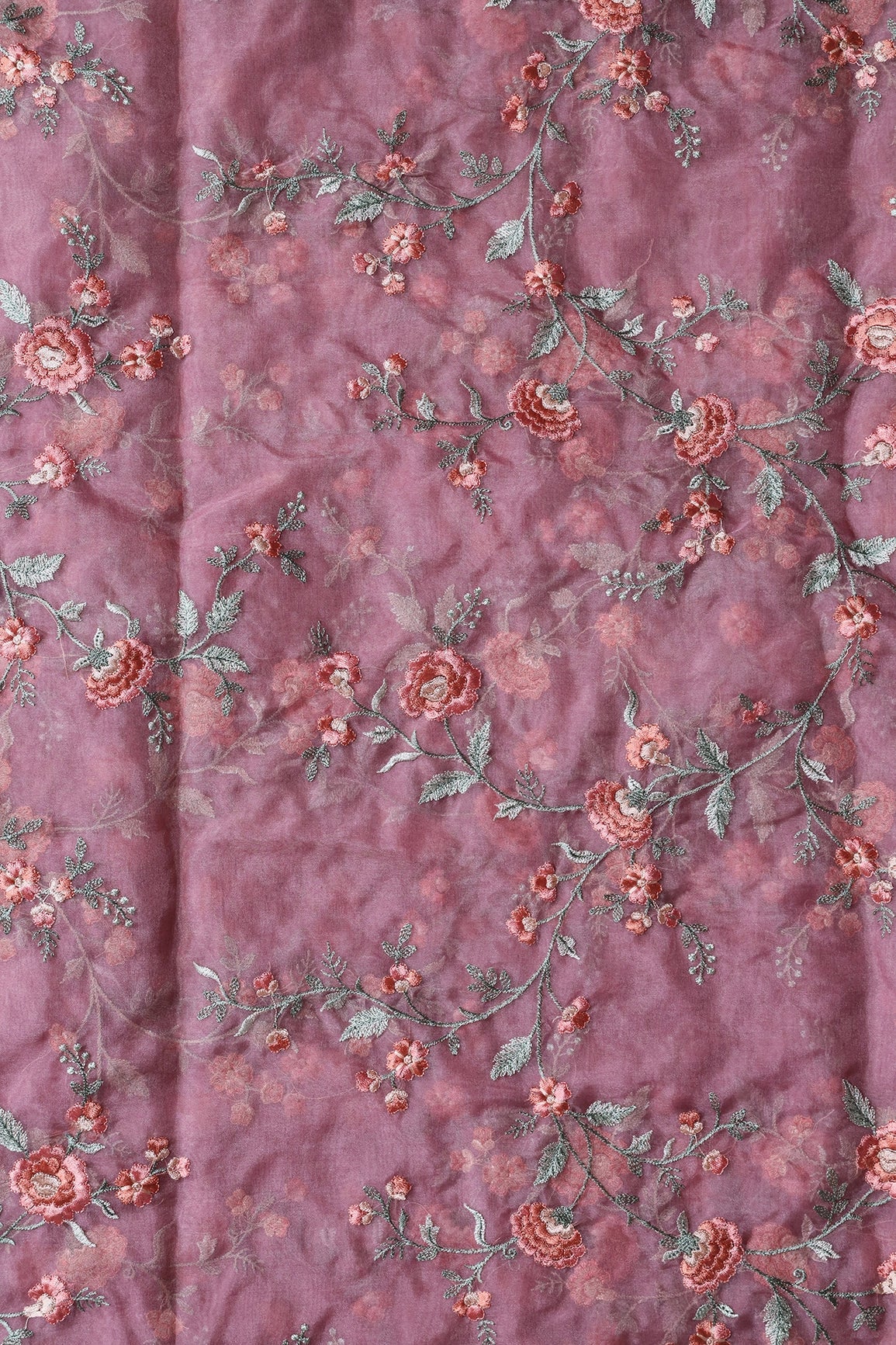 Brown And Light Green Thread Floral Embroidery Work On Onion Pink Organza Fabric - doeraa