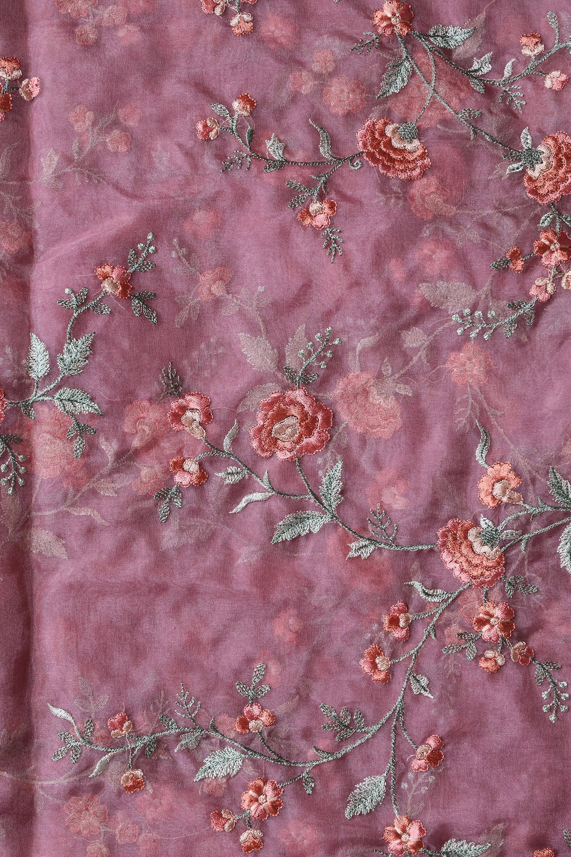 Brown And Light Green Thread Floral Embroidery Work On Onion Pink Organza Fabric - doeraa