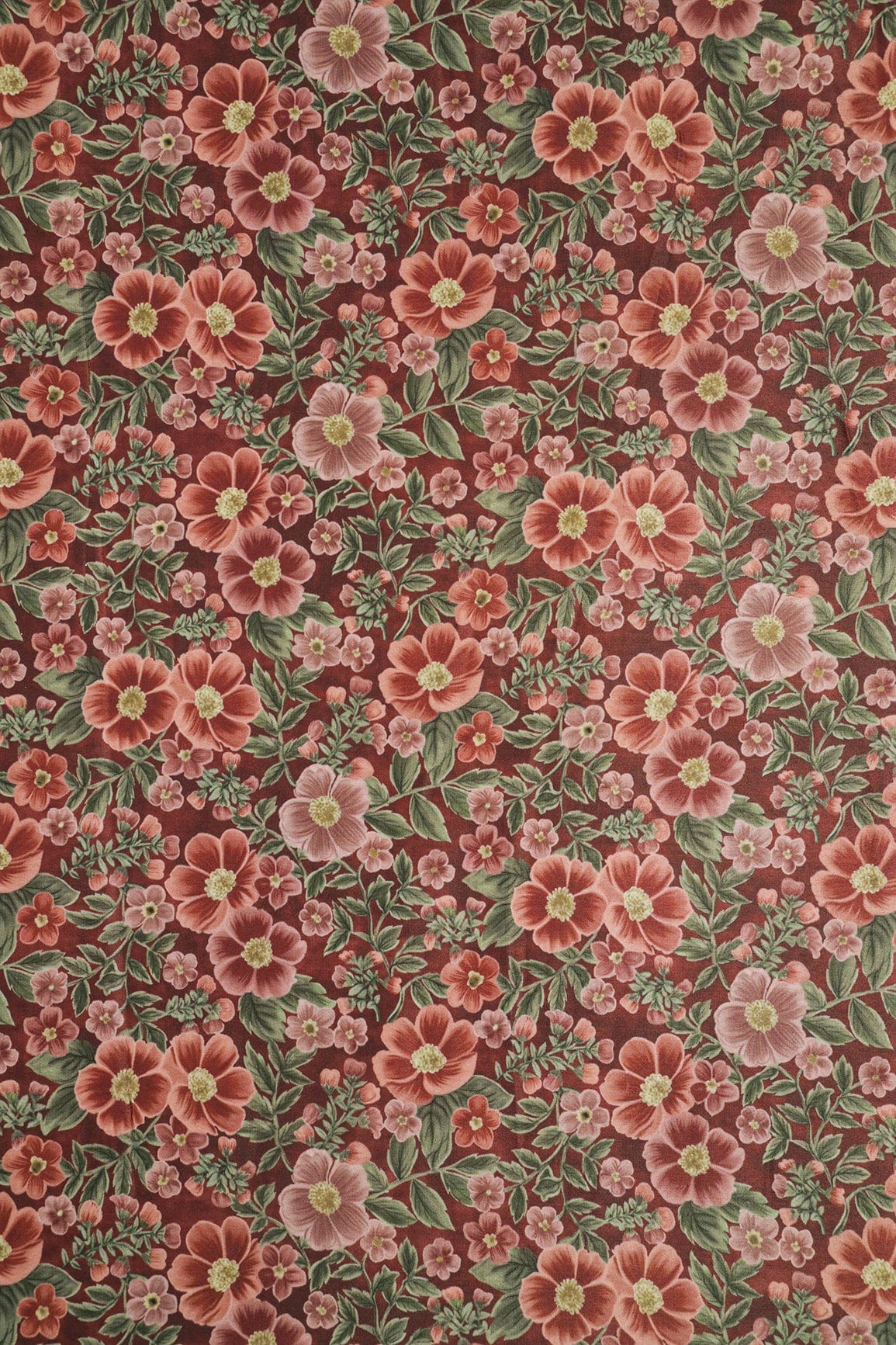 Brown And Olive Floral Digital Print On Dark Brown Crepe Fabric - doeraa