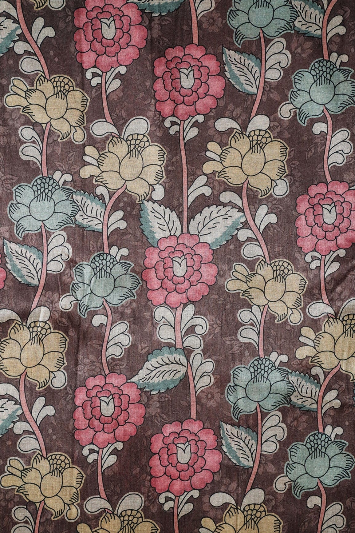 Brown And Pink Floral Pattern Digital Print On Mulberry Silk Fabric - doeraa