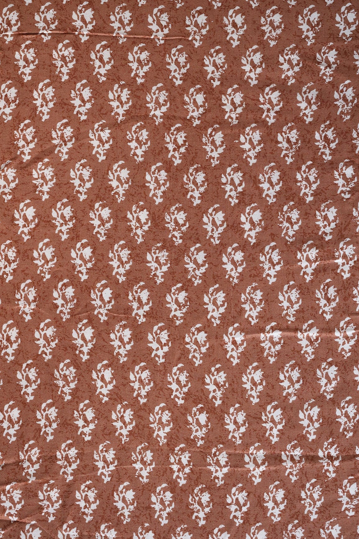 Brown And White Small Floral Pattern Screen Print On Pure Muslin Silk Fabric - doeraa