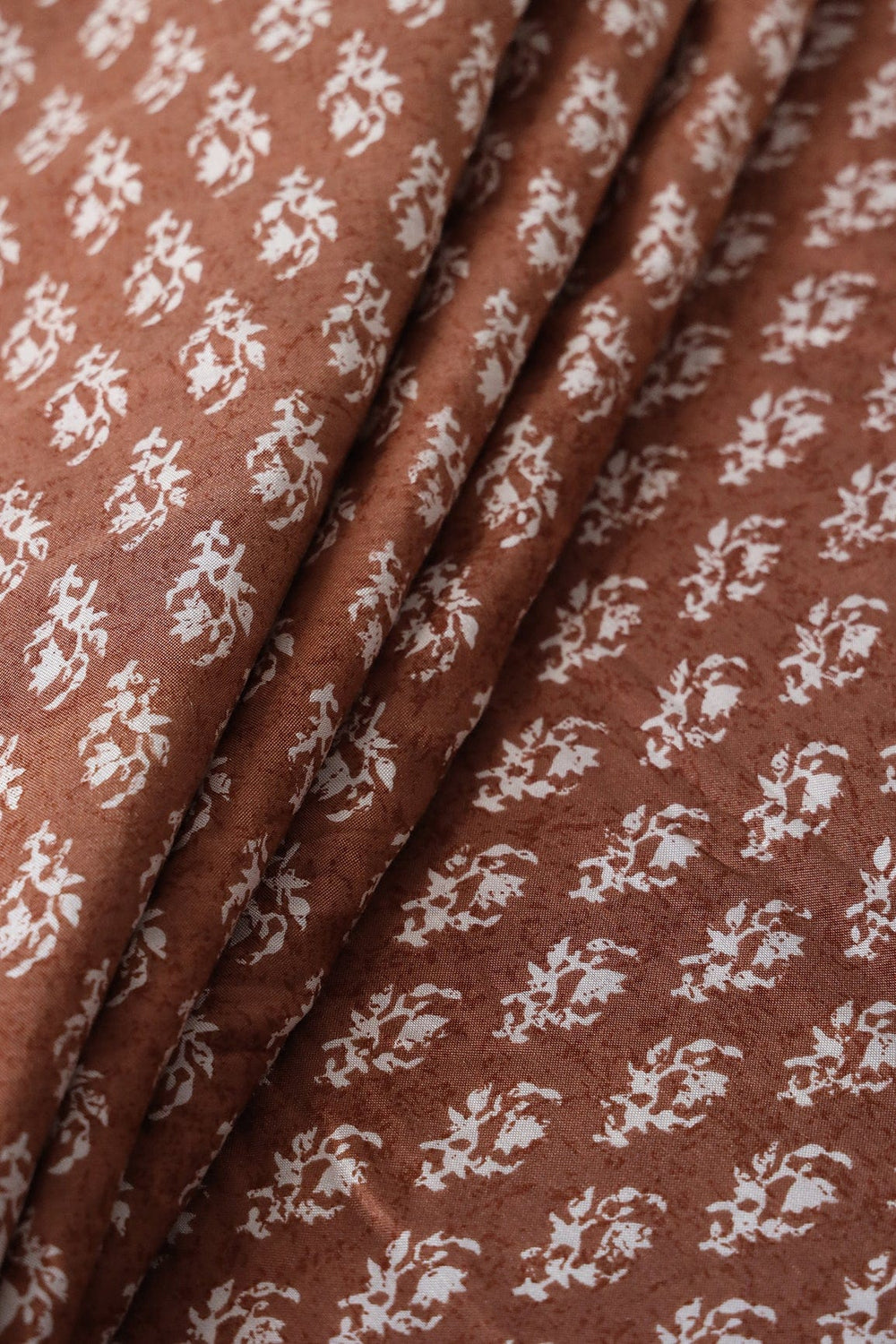 Brown And White Small Floral Pattern Screen Print On Pure Muslin Silk