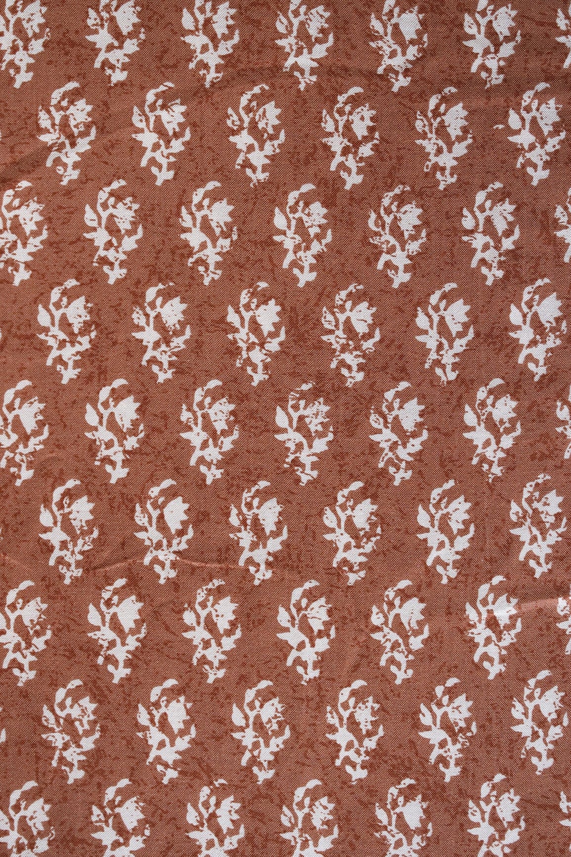 Brown And White Small Floral Pattern Screen Print On Pure Muslin Silk Fabric - doeraa