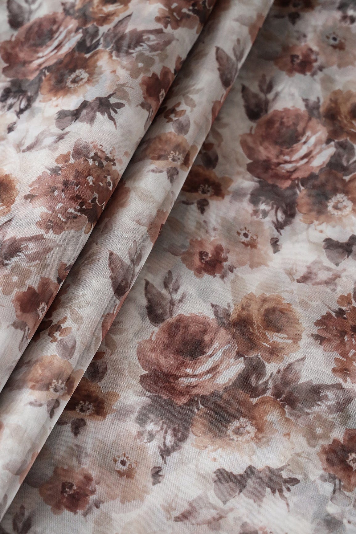 Brown Floral Digital Print On White Organza Fabric - doeraa