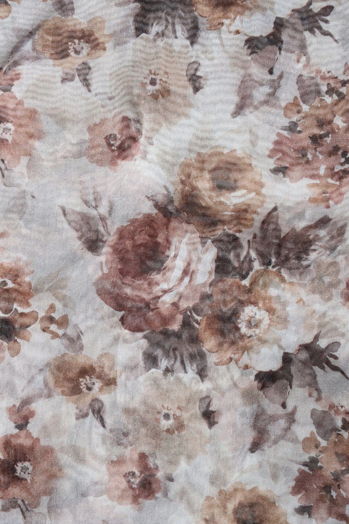 Brown Floral Digital Print On White Organza Fabric - doeraa