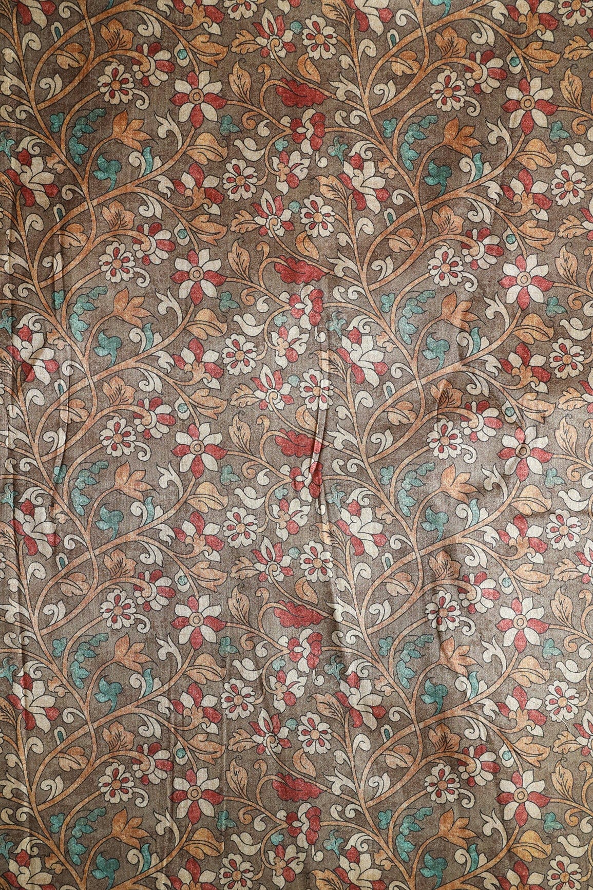 Brown Floral Pattern Digital Print On Mulberry Silk Fabric - doeraa