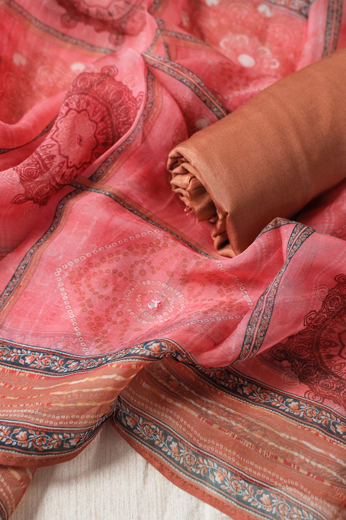 Brown Semi Stitched Pure Crepe Silk Suit Set (3 piece) - doeraa