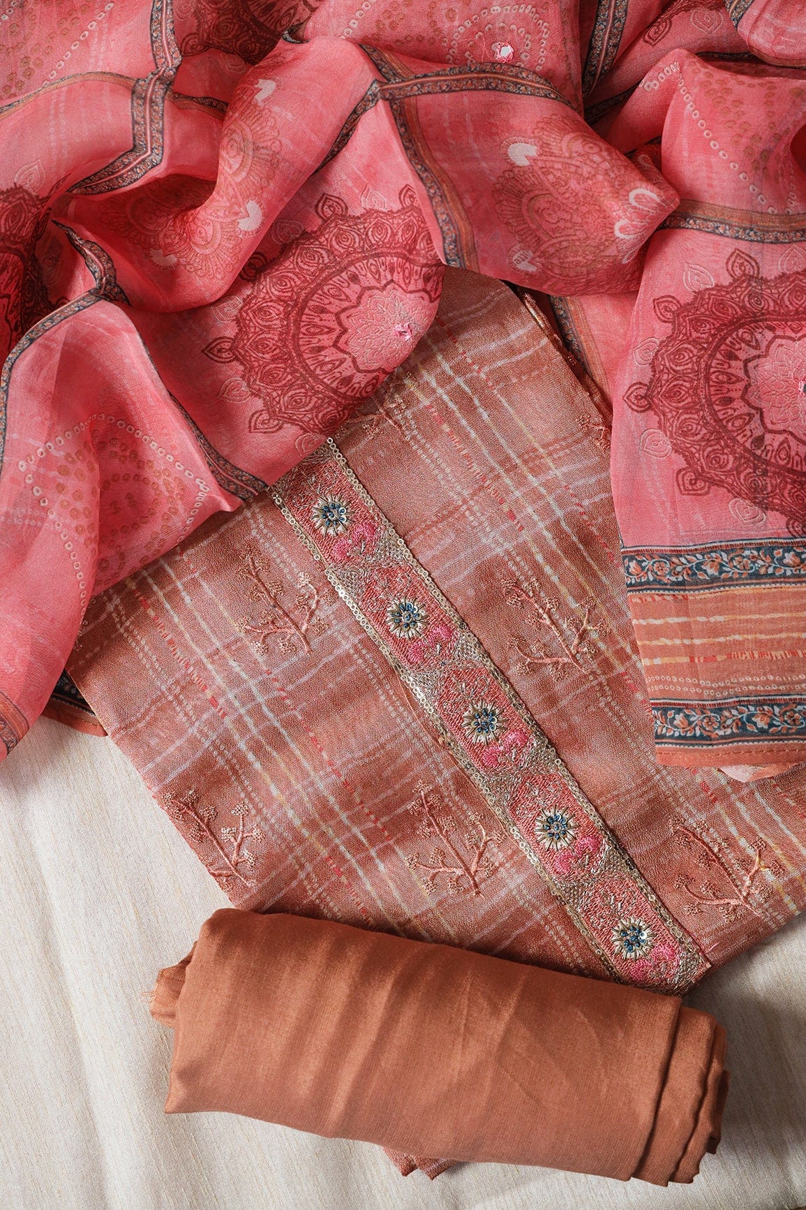 Brown Semi Stitched Pure Crepe Silk Suit Set (3 piece) - doeraa