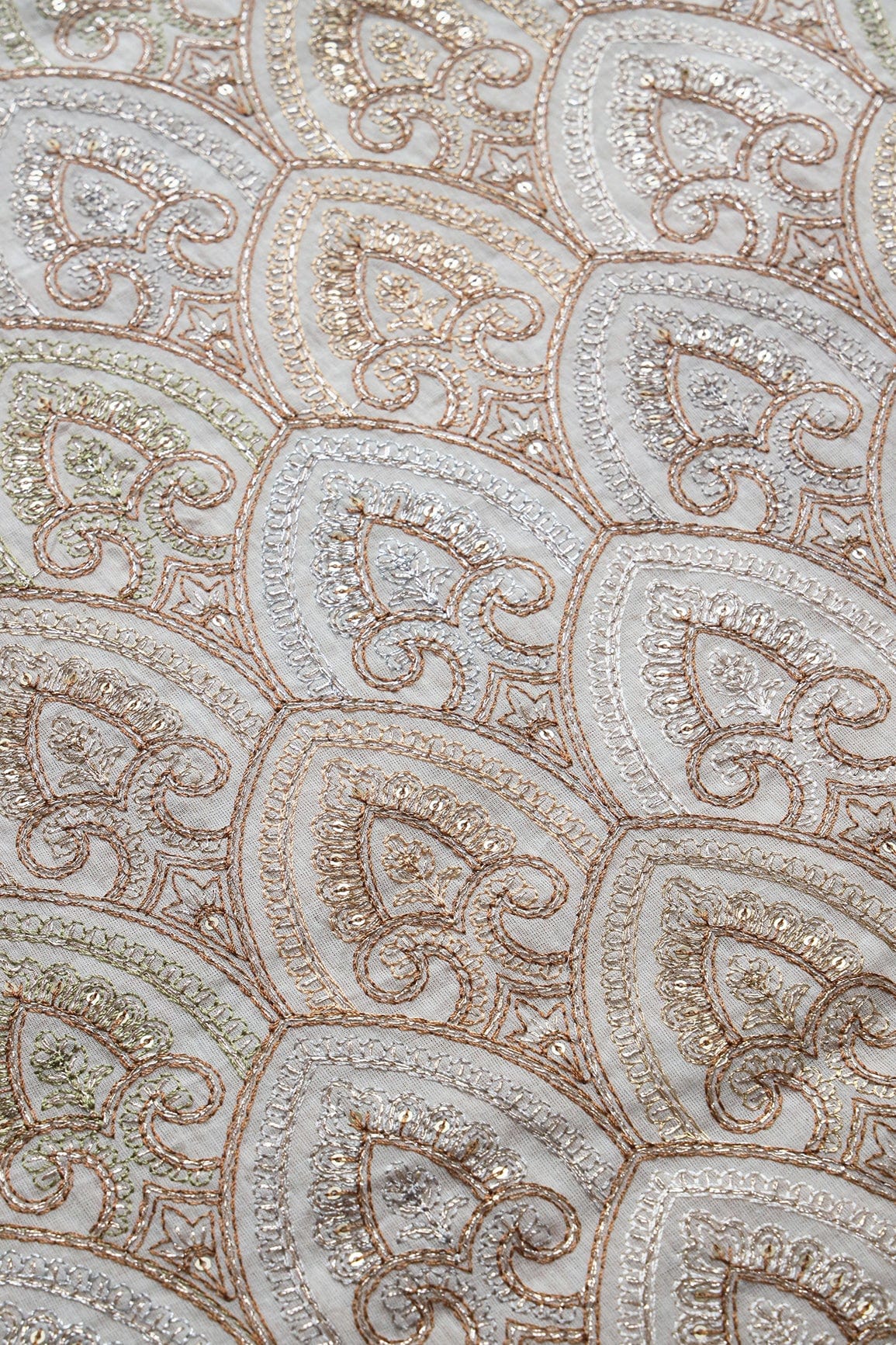 Brown Thread With Zari And Gold Sequins Trellis Embroidery On Off White Organic Cotton Fabric - doeraa