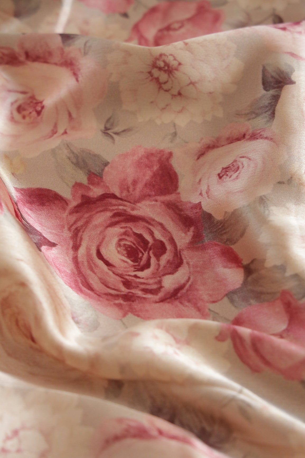 Burgundy Floral Pattern Digital Print On Cream Satin Fabric - doeraa