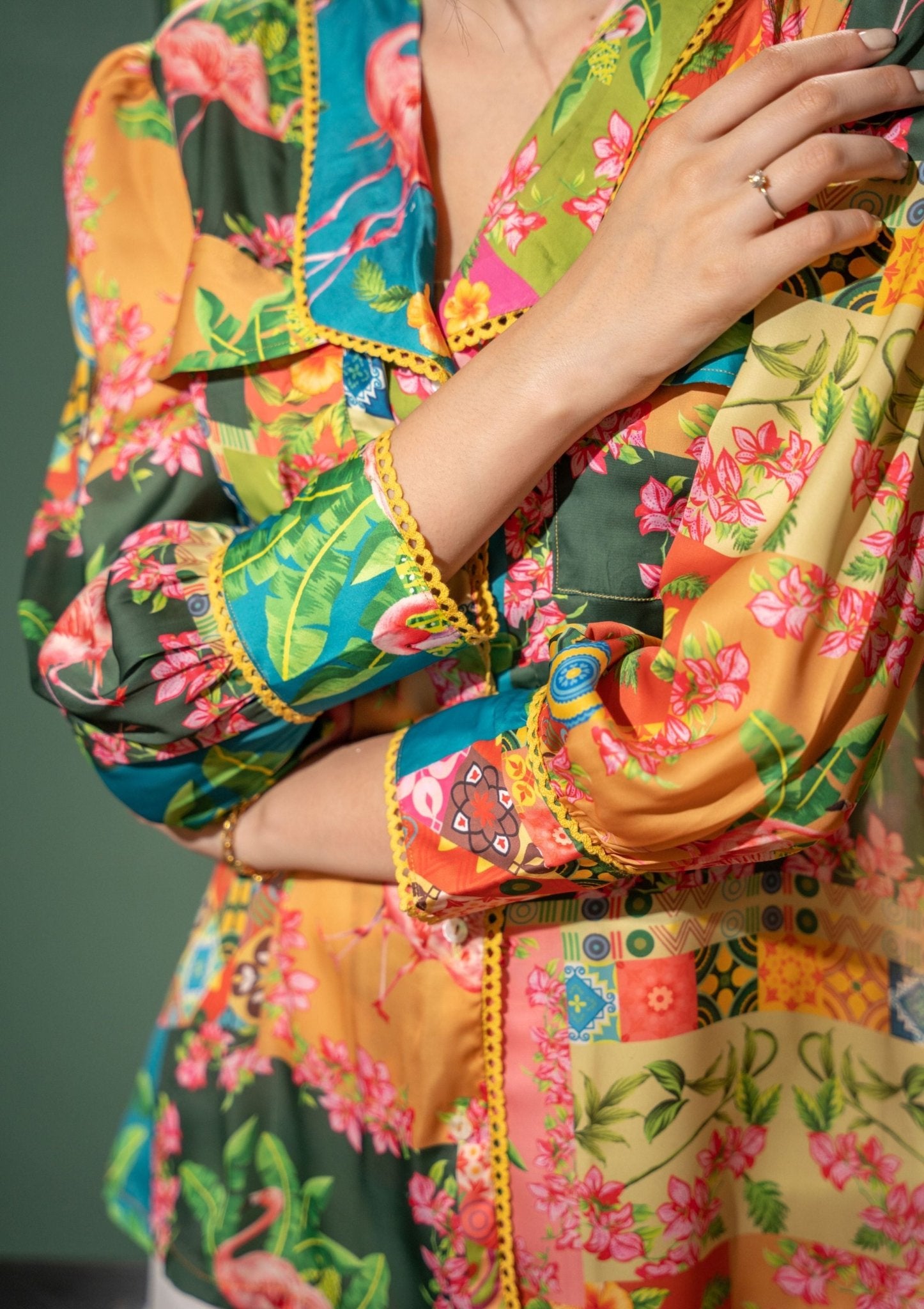 Cara Botanical Patch Print Satin Shirt - doeraa