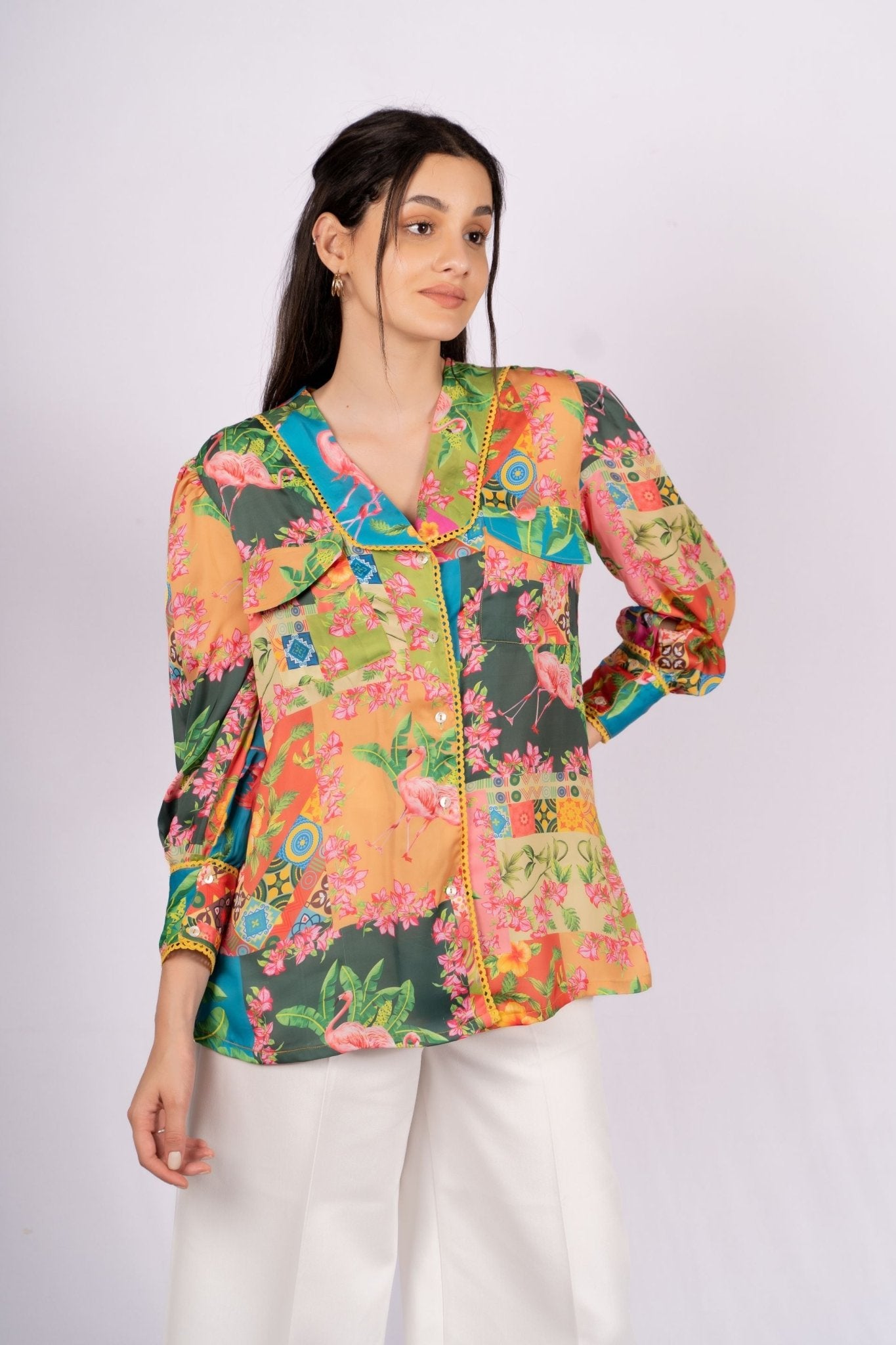Cara Botanical Patch Print Satin Shirt - doeraa